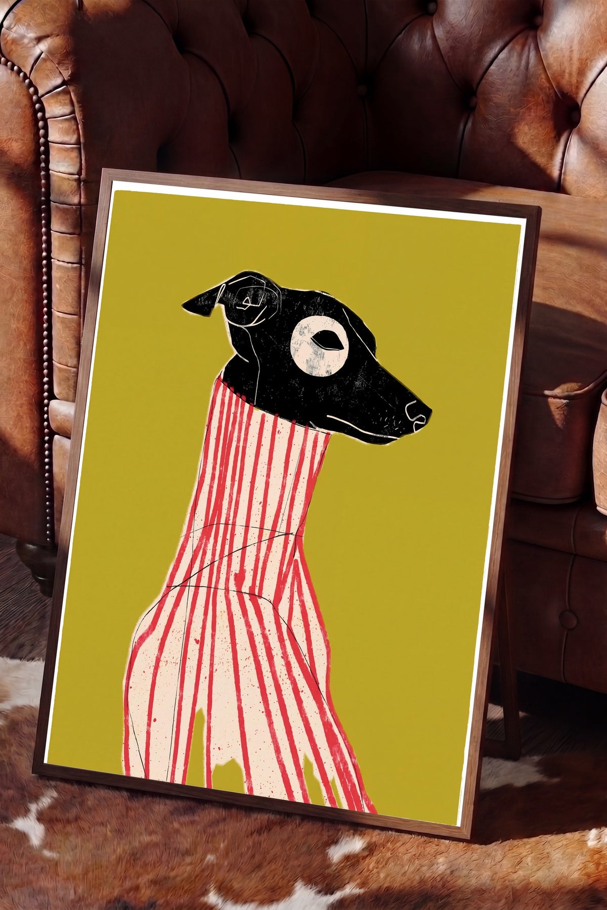 Çizgili Zarafet Köpek Portresi Poster – Kahverengi Çerçeveli Tablo
