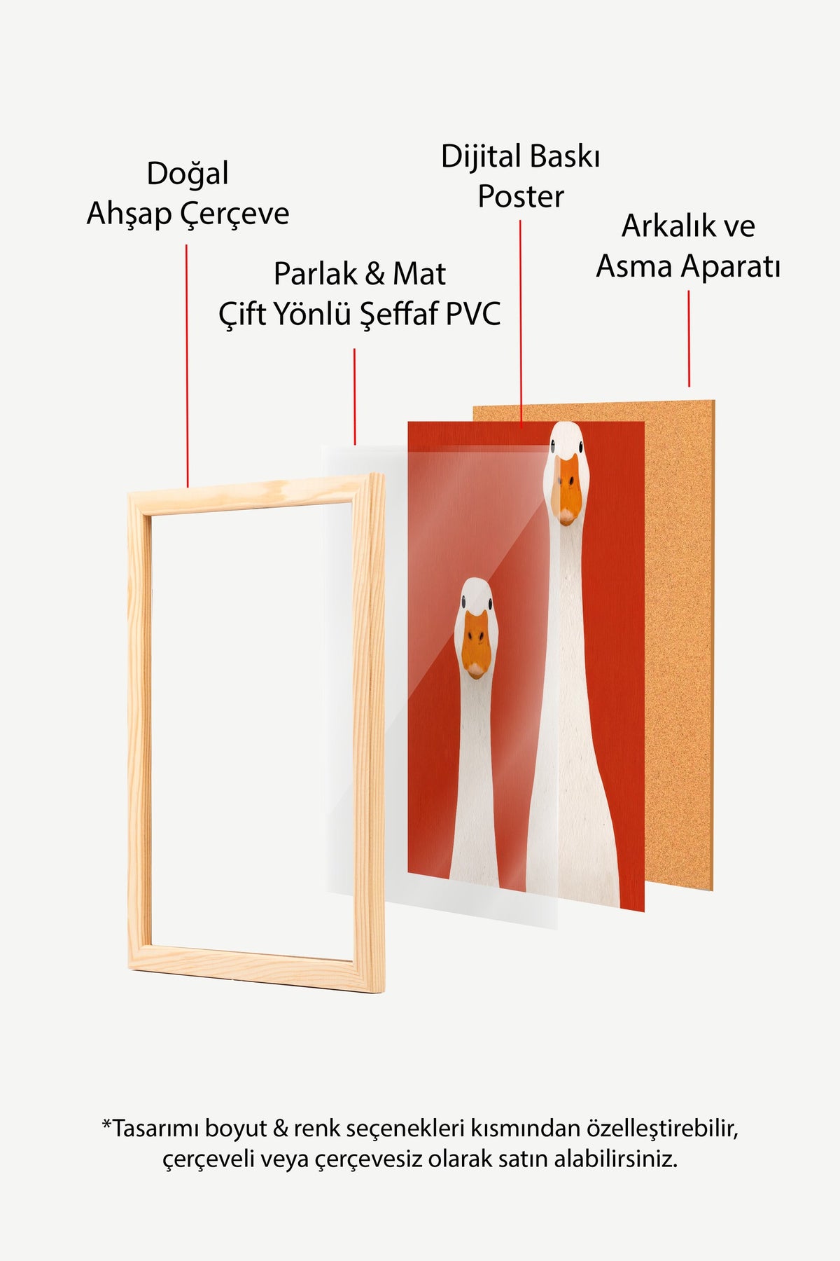 Kırmızı Zeminde Kazlar Poster – Ahşap Çerçeveli Tablo