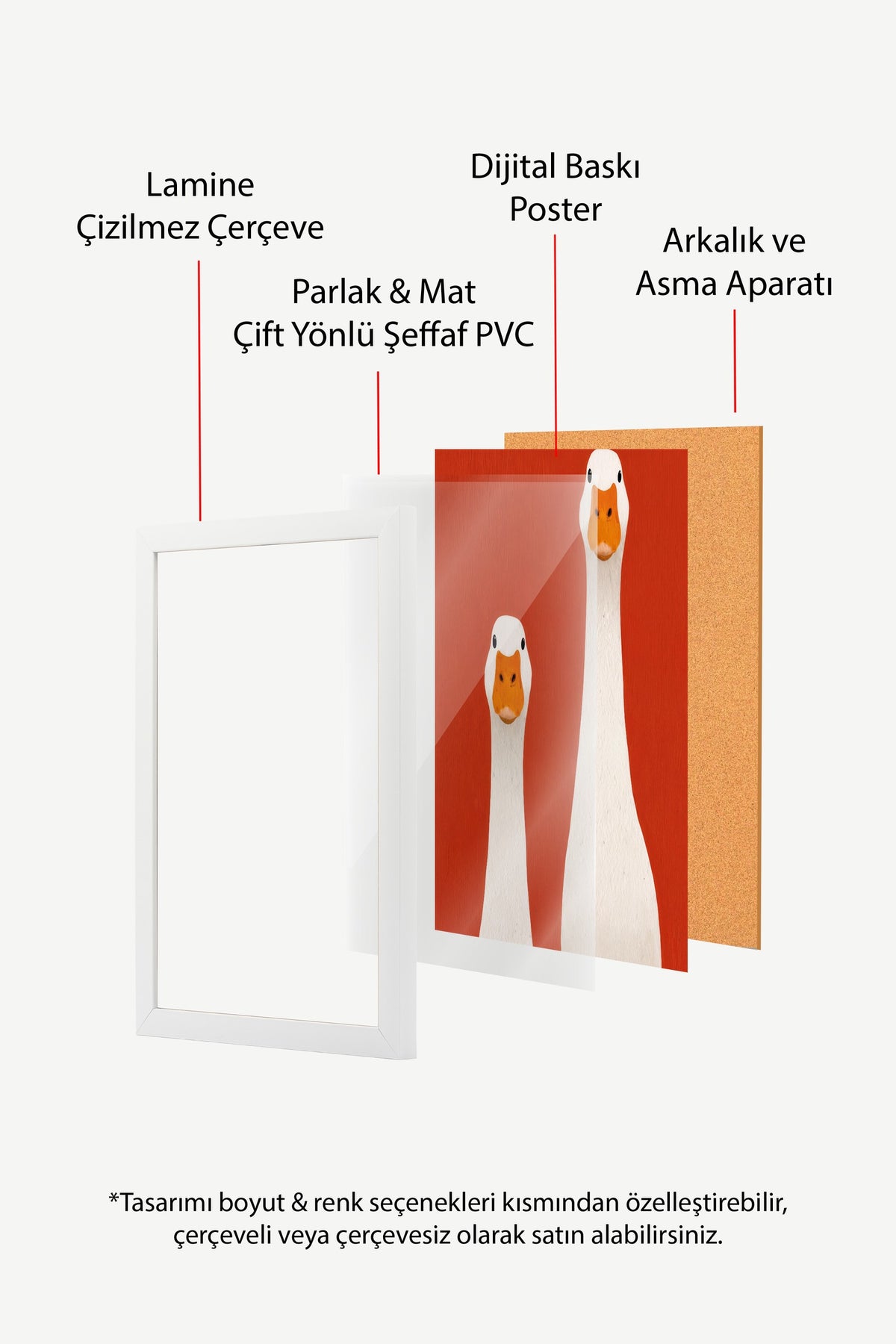 Kırmızı Zeminde Kazlar Poster – Beyaz Çerçeveli Tablo