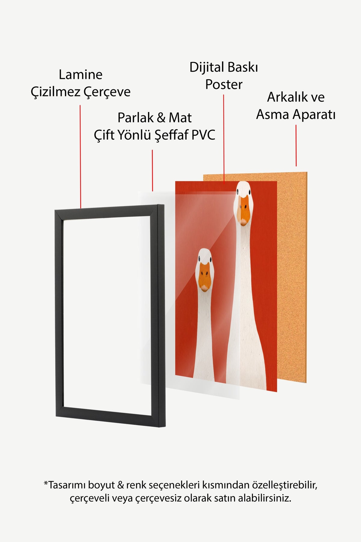Kırmızı Zeminde Kazlar Poster – Siyah Çerçeveli Tablo