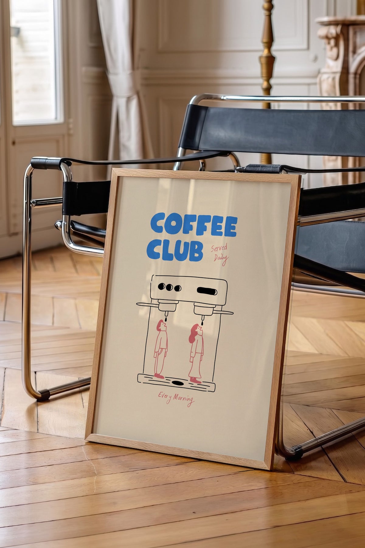 Kahve Makinesi ve İki Figür İllüstrasyonu Poster – Ahşap Çerçeveli Tablo