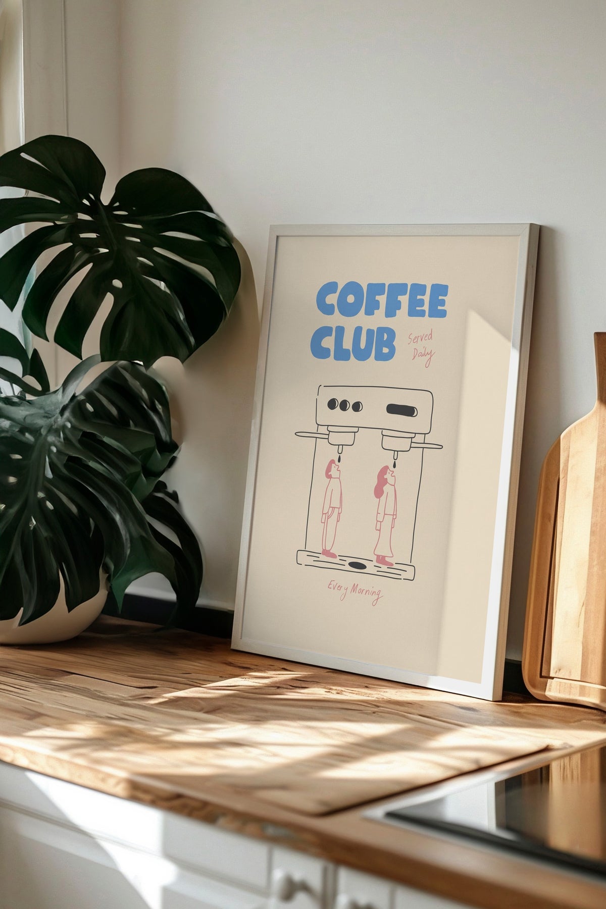 Kahve Makinesi ve İki Figür İllüstrasyonu Poster – Beyaz Çerçeveli Tablo
