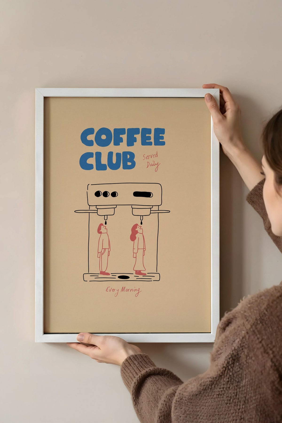 Kahve Makinesi ve İki Figür İllüstrasyonu Poster – Beyaz Çerçeveli Tablo