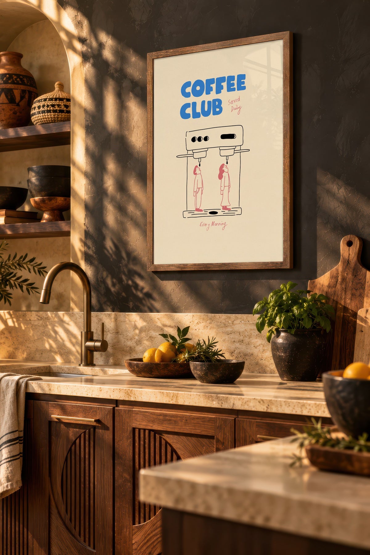 Kahve Makinesi ve İki Figür İllüstrasyonu Poster – Kahverengi Çerçeveli Tablo
