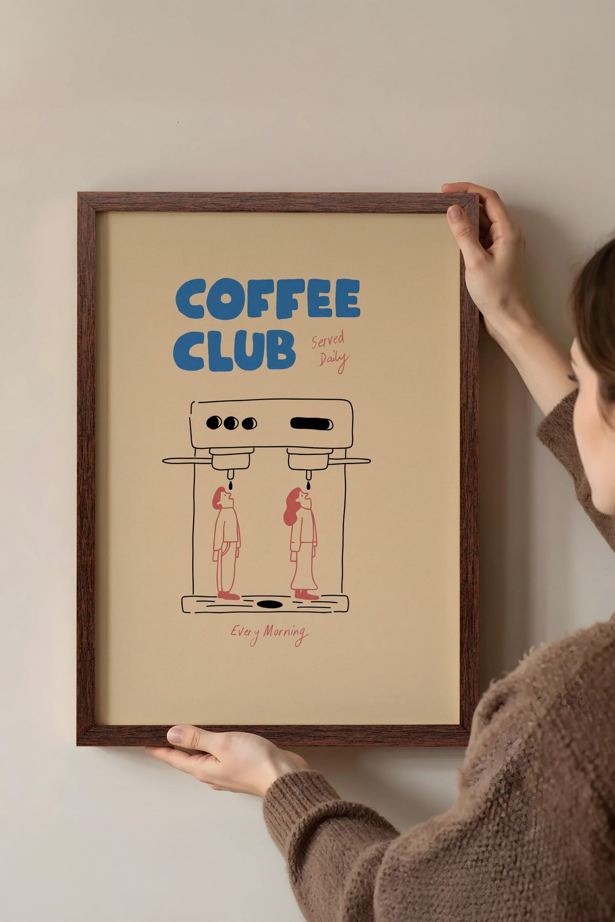 Kahve Makinesi ve İki Figür İllüstrasyonu Poster – Kahverengi Çerçeveli Tablo