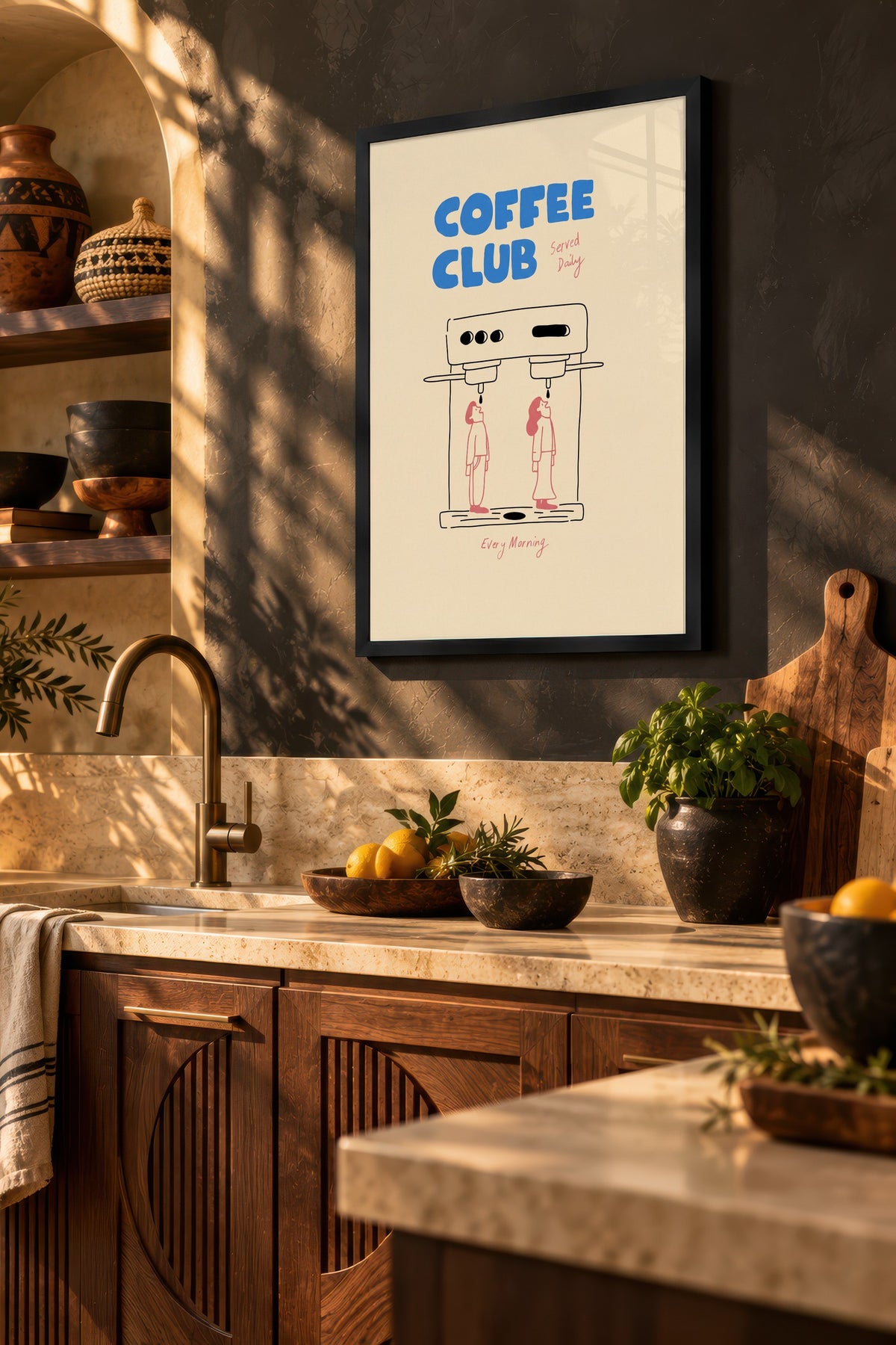 Kahve Makinesi ve İki Figür İllüstrasyonu Poster – Siyah Çerçeveli Tablo