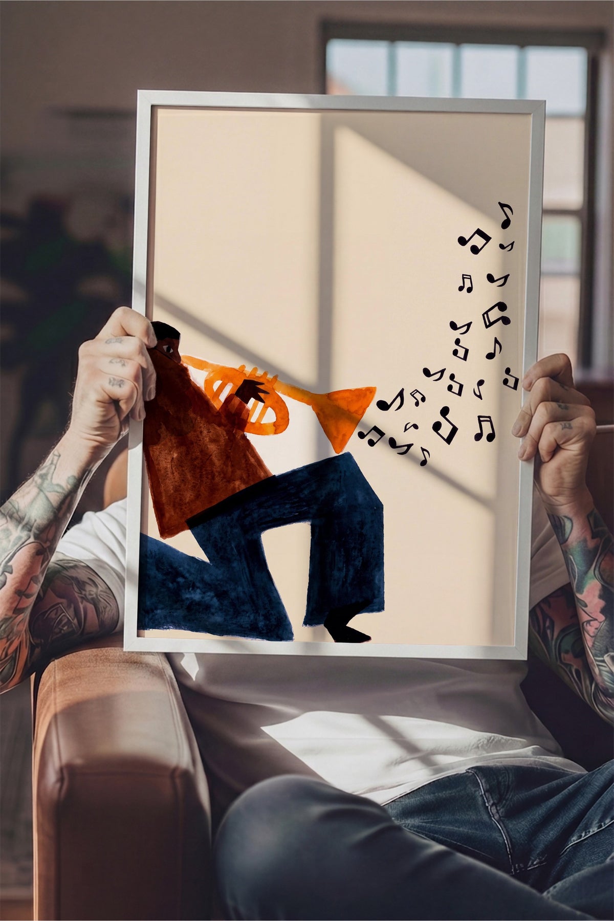 Trompet çalan figür Poster – Beyaz Çerçeveli Tablo