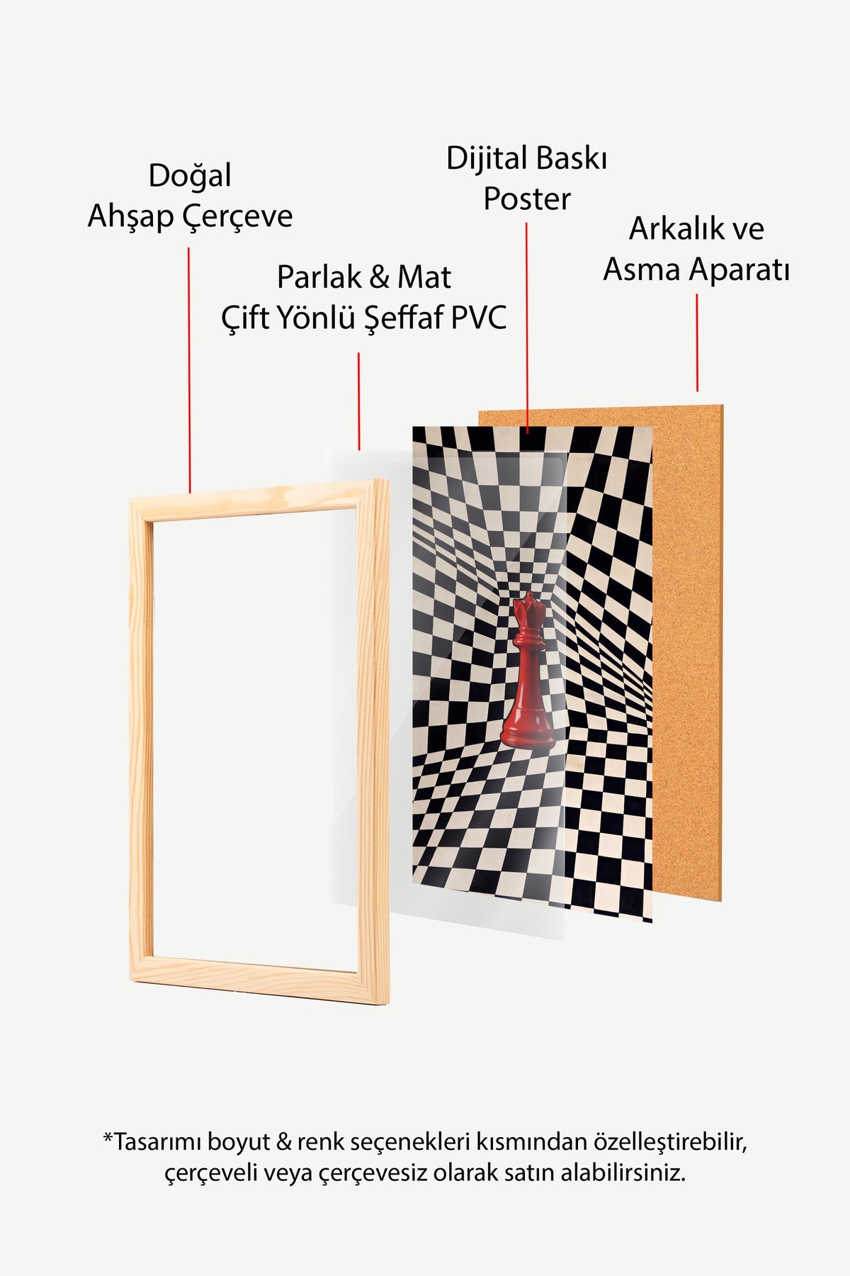 Kırmızı Satranç Taşı ve Eğri Kareler Poster – Ahşap Çerçeveli Tablo