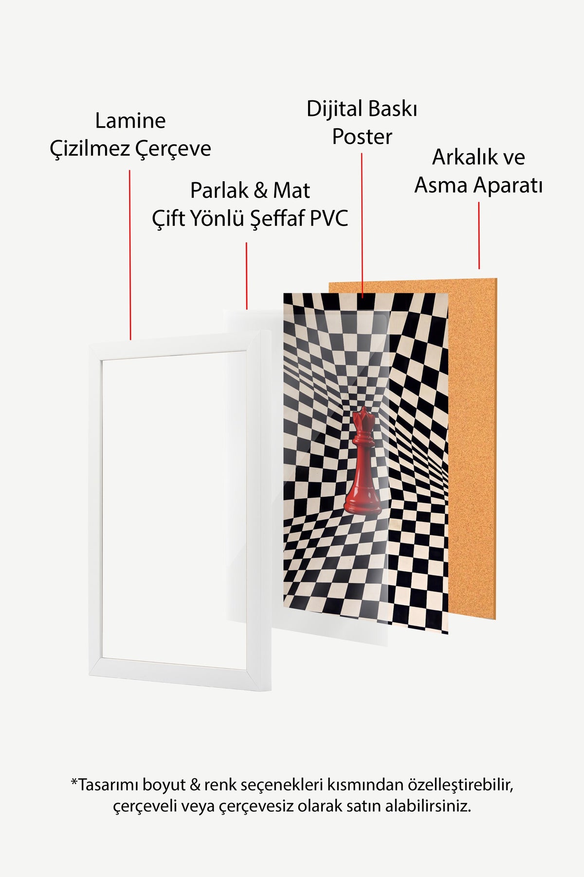 Kırmızı Satranç Taşı ve Eğri Kareler Poster – Beyaz Çerçeveli Tablo