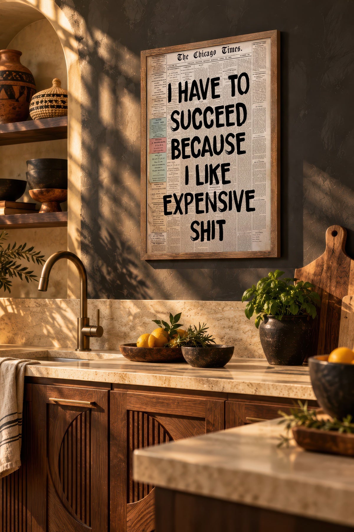 I HAVE TO SUCCEED BECAUSE I LIKE EXPENSIVE SHIT Poster – Kahverengi Çerçeveli Tablo