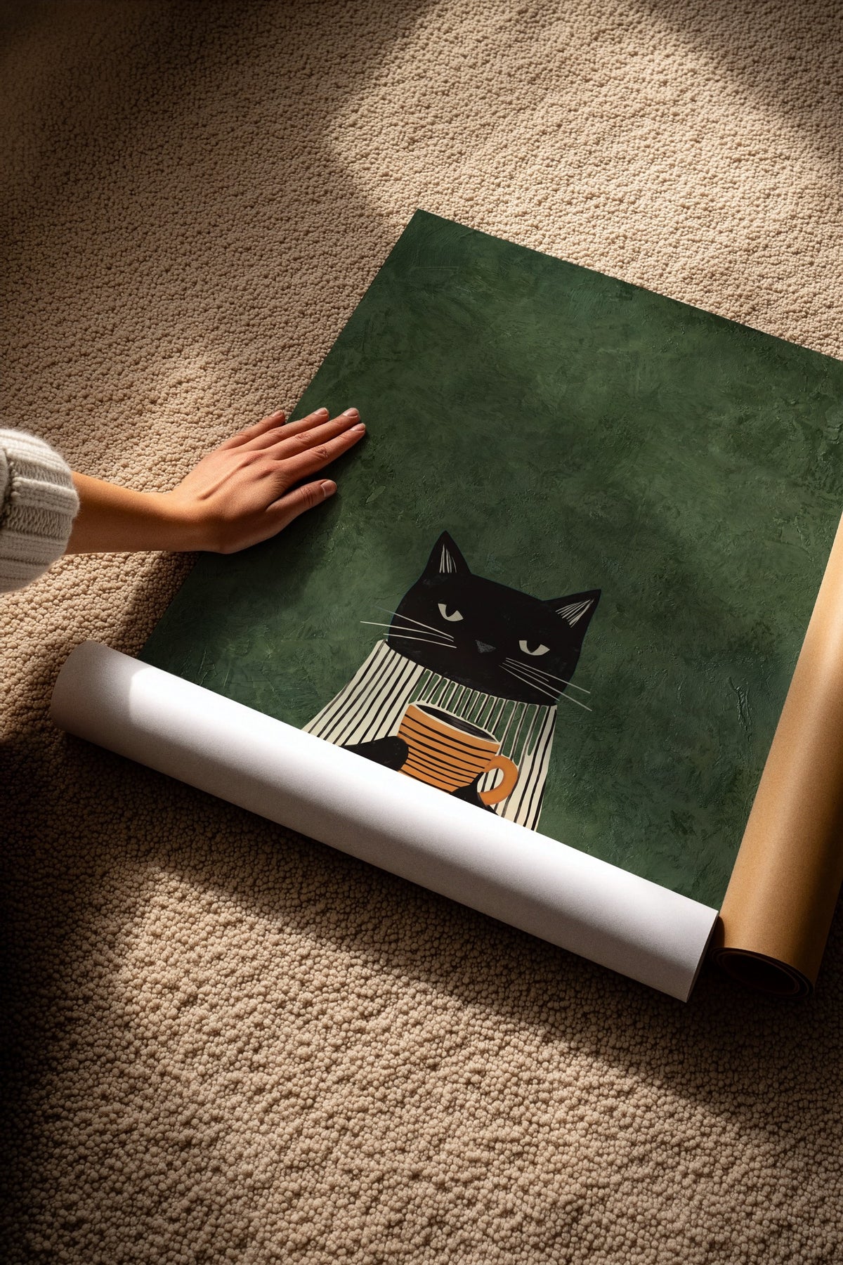 Kahve Tutan Kedi Çerçevesiz Poster