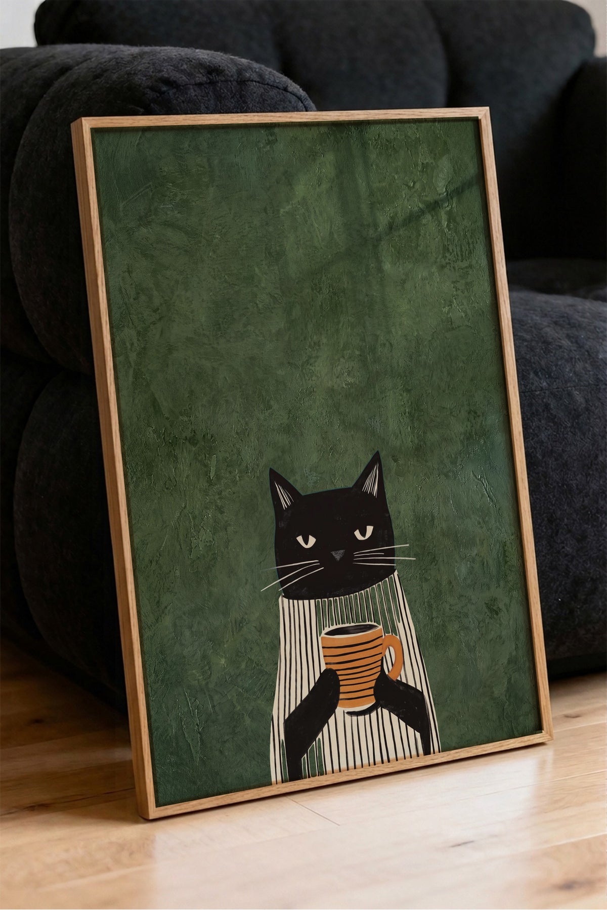 Kahve Tutan Kedi Poster – Ahşap Çerçeveli Tablo