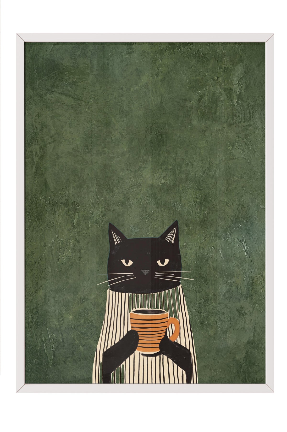 Kahve Tutan Kedi Poster – Beyaz Çerçeveli Tablo