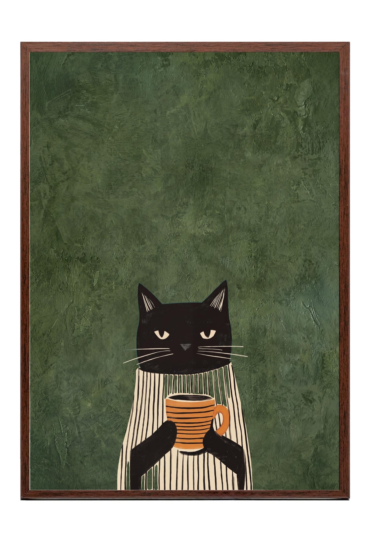 Kahve Tutan Kedi Poster – Kahverengi Çerçeveli Tablo