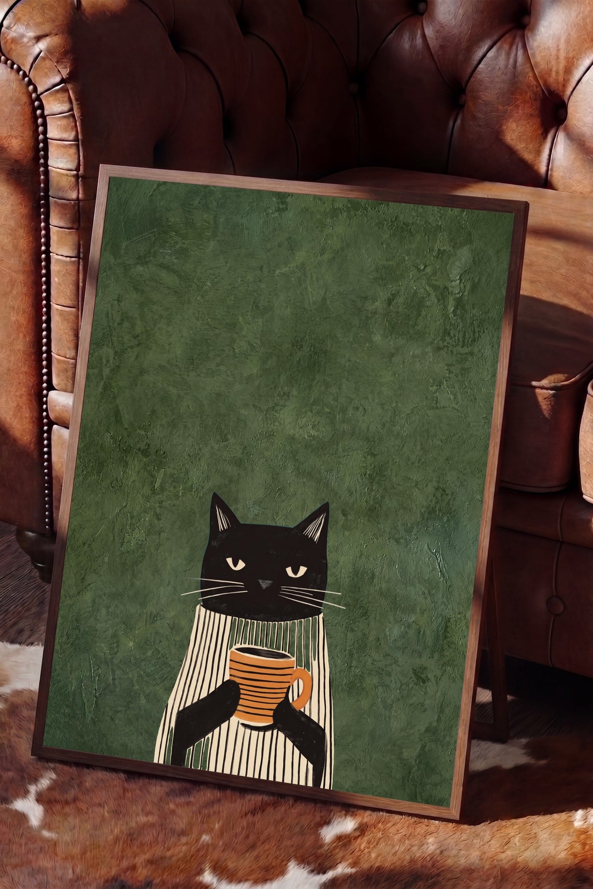 Kahve Tutan Kedi Poster – Kahverengi Çerçeveli Tablo