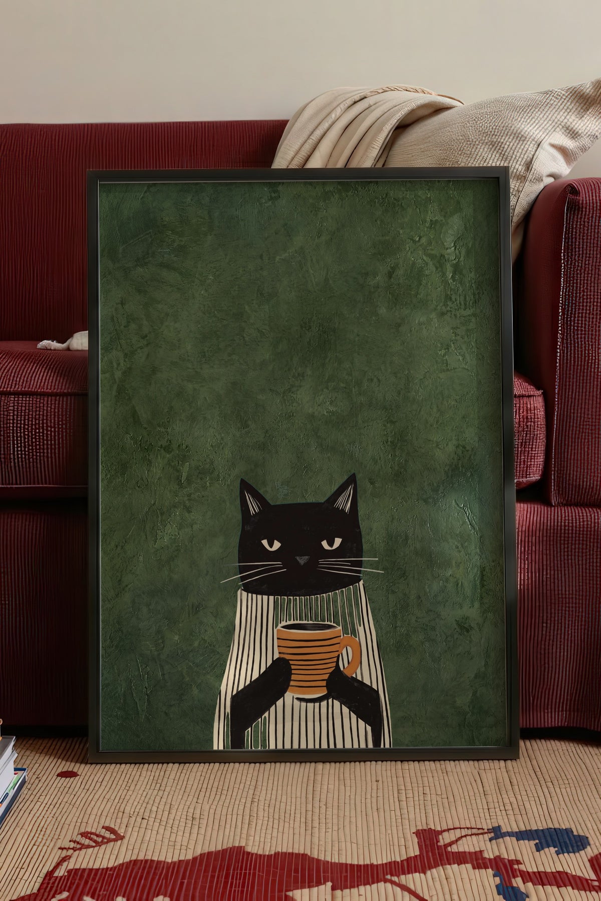 Kahve Tutan Kedi Poster – Siyah Çerçeveli Tablo