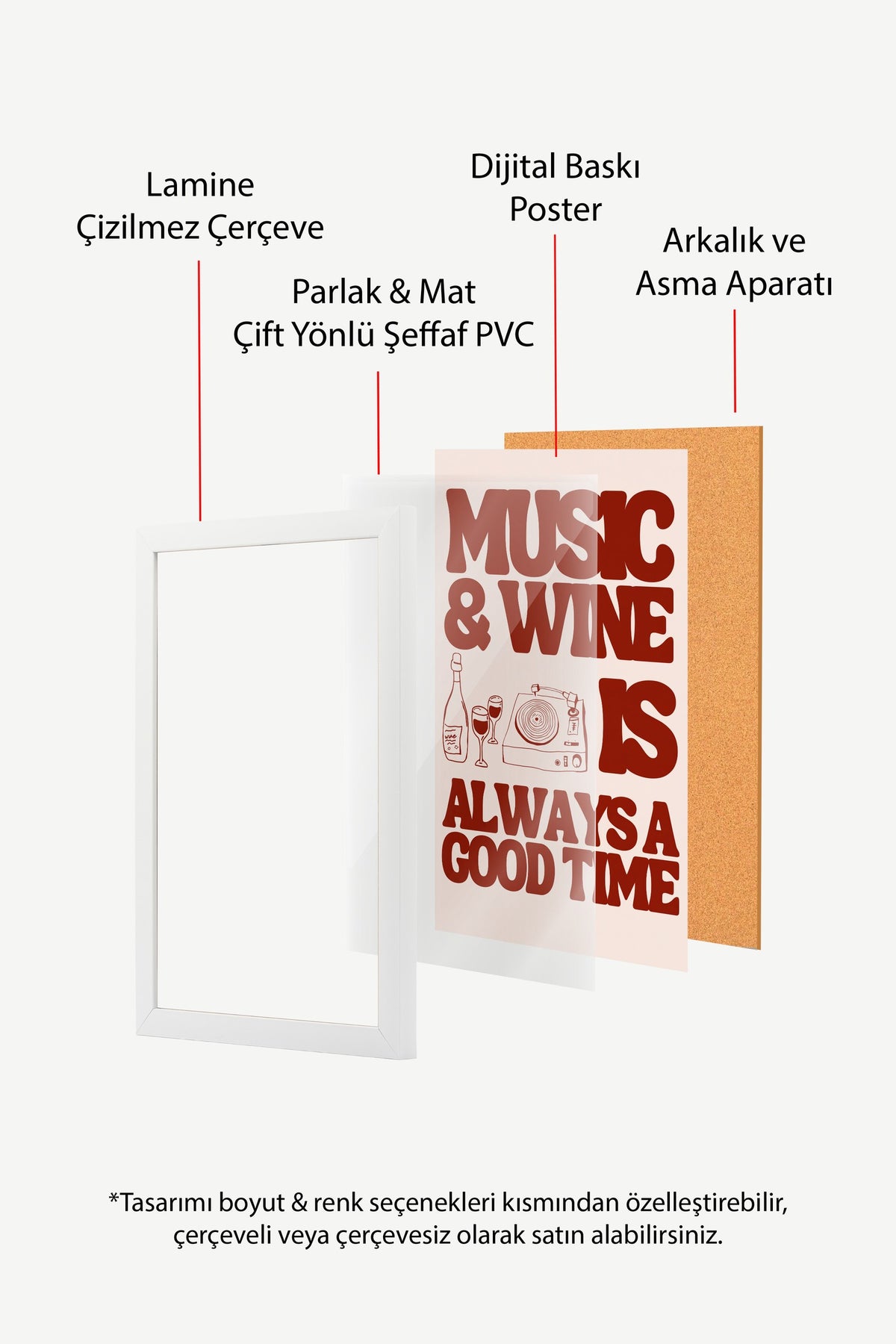 MUSIC & WINE IS ALWAYS A GOOD TIME Poster – Beyaz Çerçeveli Tablo