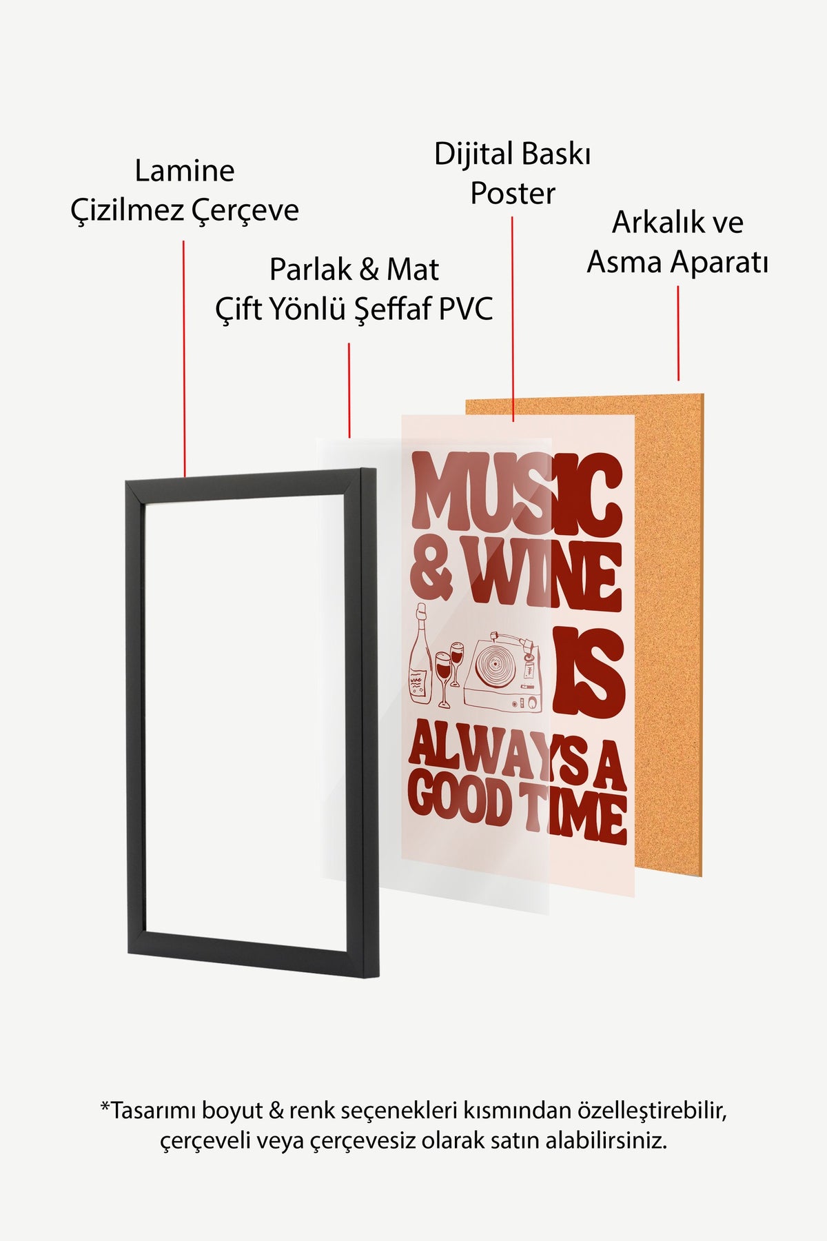 MUSIC & WINE IS ALWAYS A GOOD TIME Poster – Siyah Çerçeveli Tablo
