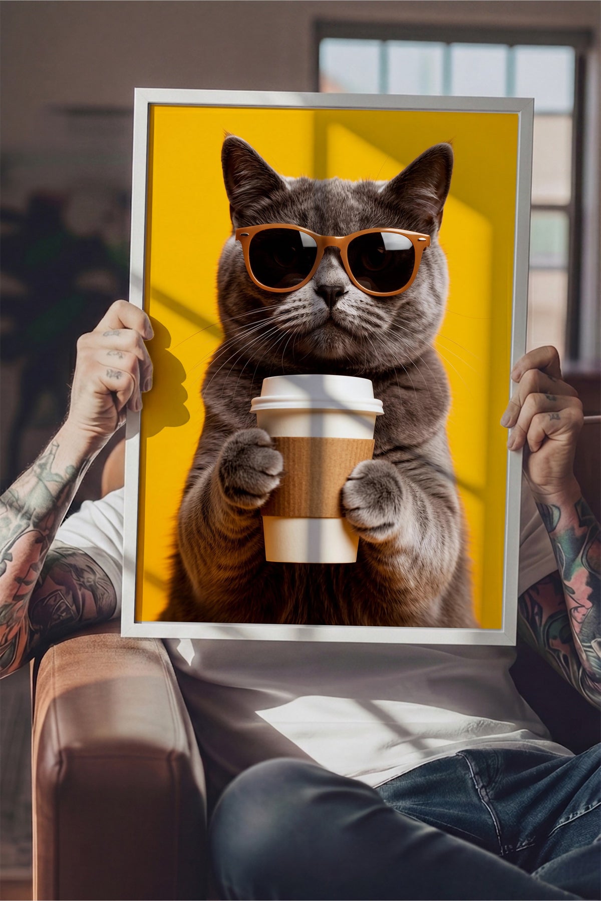 Gözlük Takan Kedi Poster – Beyaz Çerçeveli Tablo
