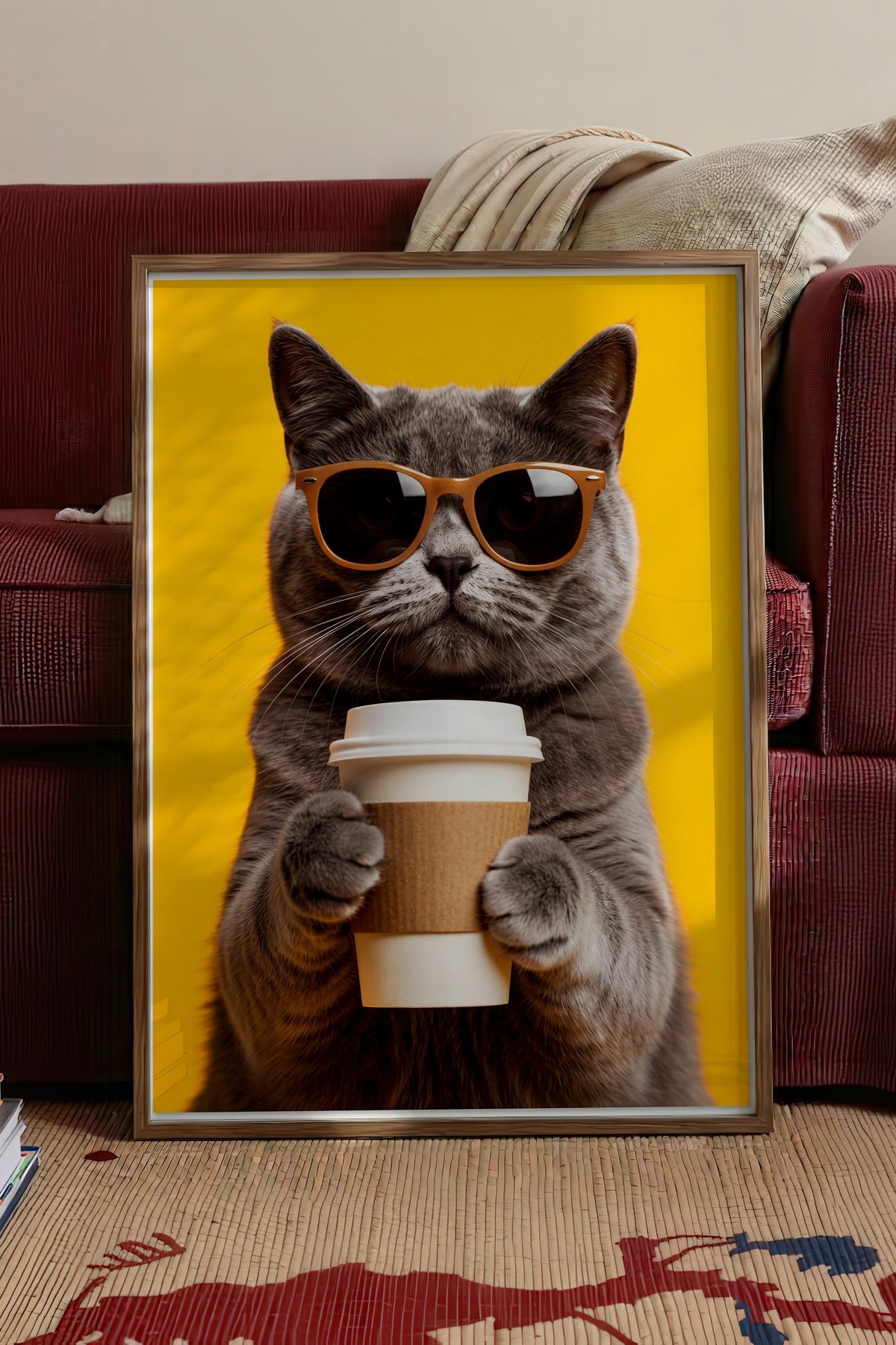 Gözlük Takan Kedi Poster – Kahverengi Çerçeveli Tablo