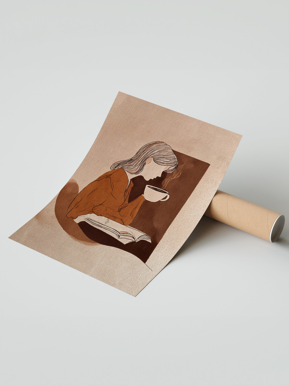 Kitap Okuyan Kadın ve Kahve Çerçevesiz Poster