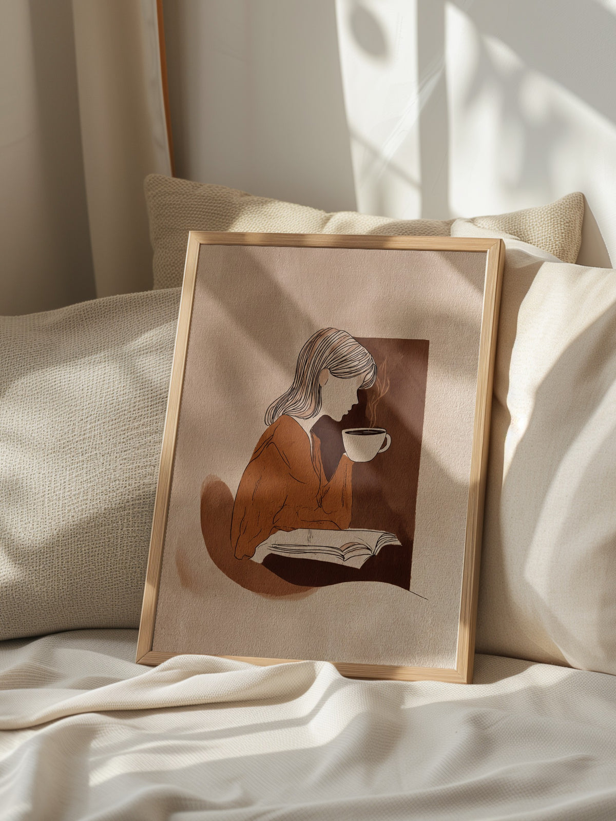Kitap Okuyan Kadın ve Kahve Poster – Ahşap Çerçeveli Tablo
