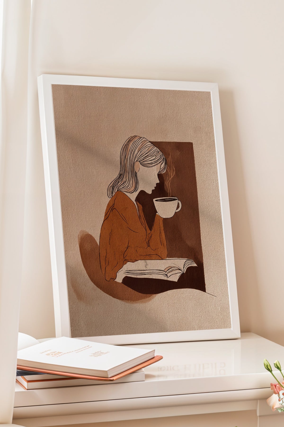 Kitap Okuyan Kadın ve Kahve Poster – Beyaz Çerçeveli Tablo