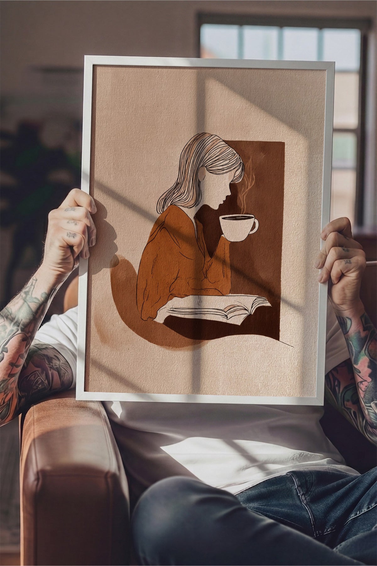 Kitap Okuyan Kadın ve Kahve Poster – Beyaz Çerçeveli Tablo