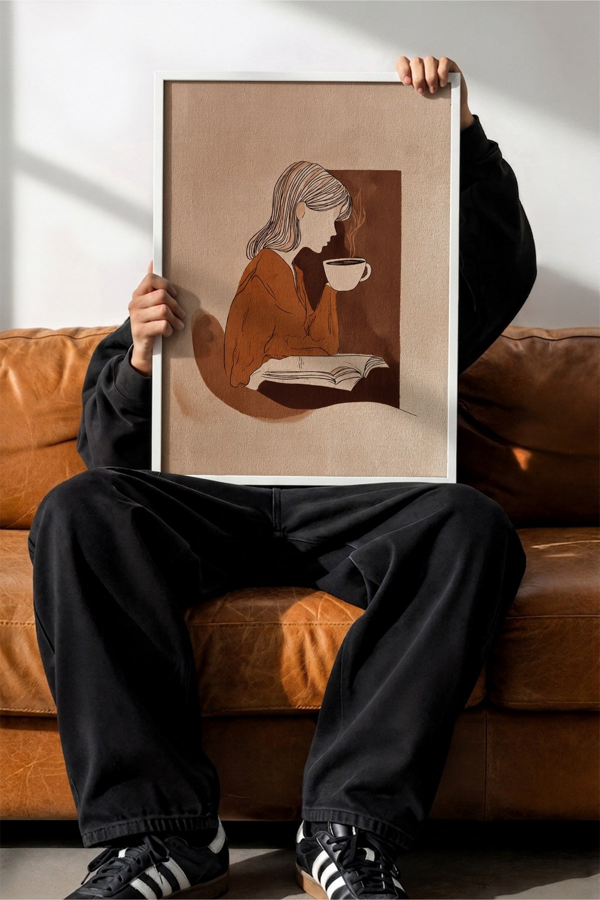Kitap Okuyan Kadın ve Kahve Poster – Beyaz Çerçeveli Tablo