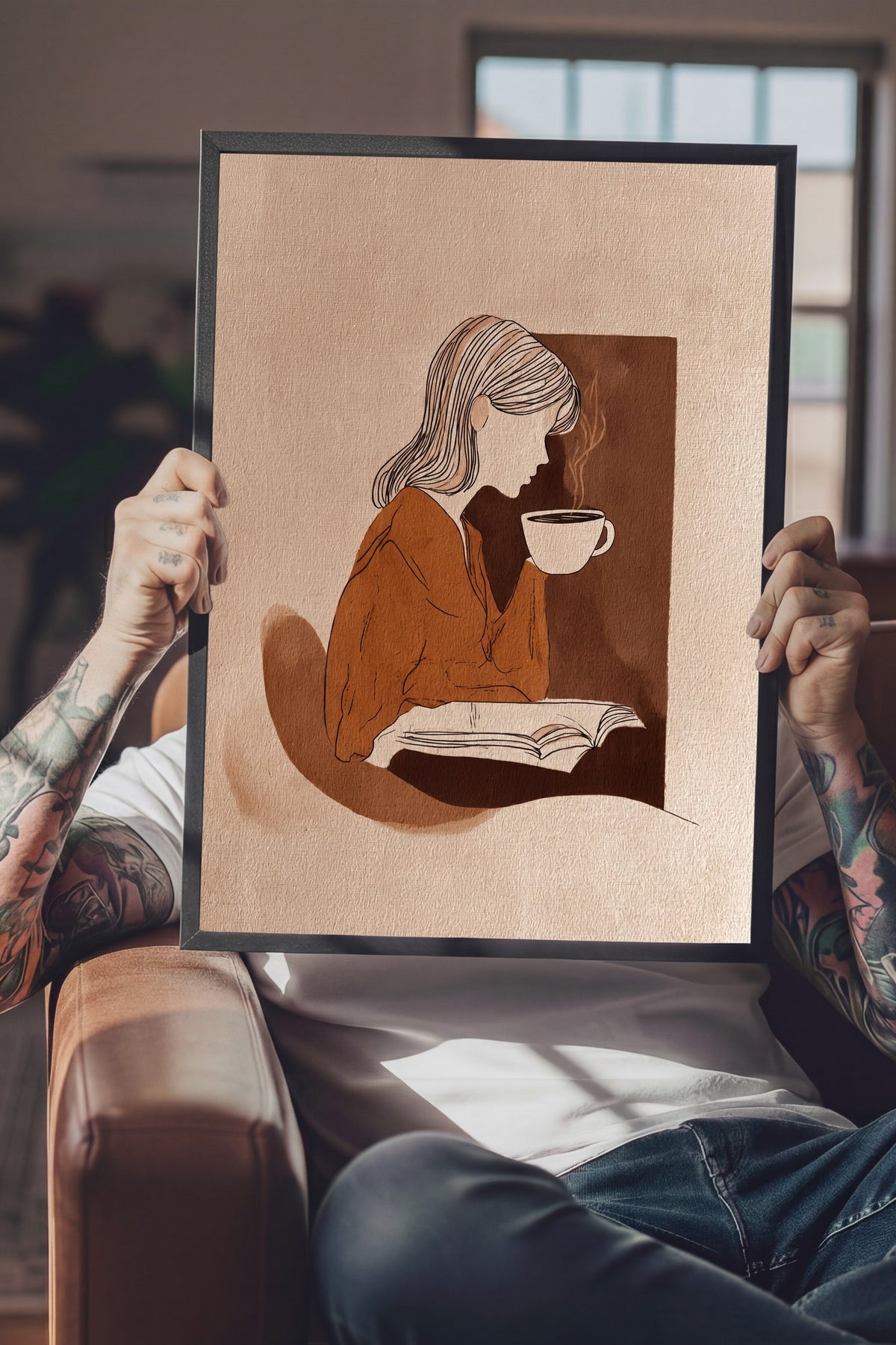 Kitap Okuyan Kadın ve Kahve Poster – Siyah Çerçeveli Tablo