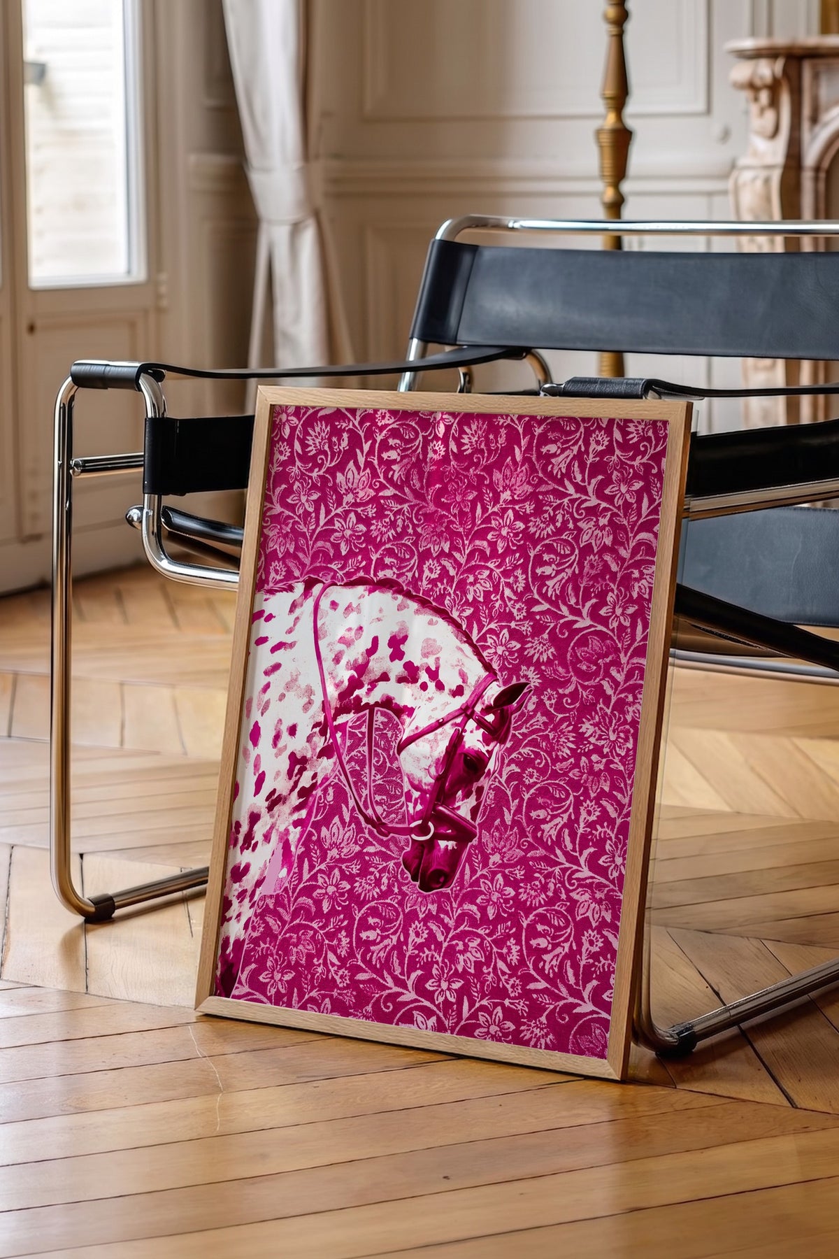 Çiçek Desenli At Poster – Ahşap Çerçeveli Tablo