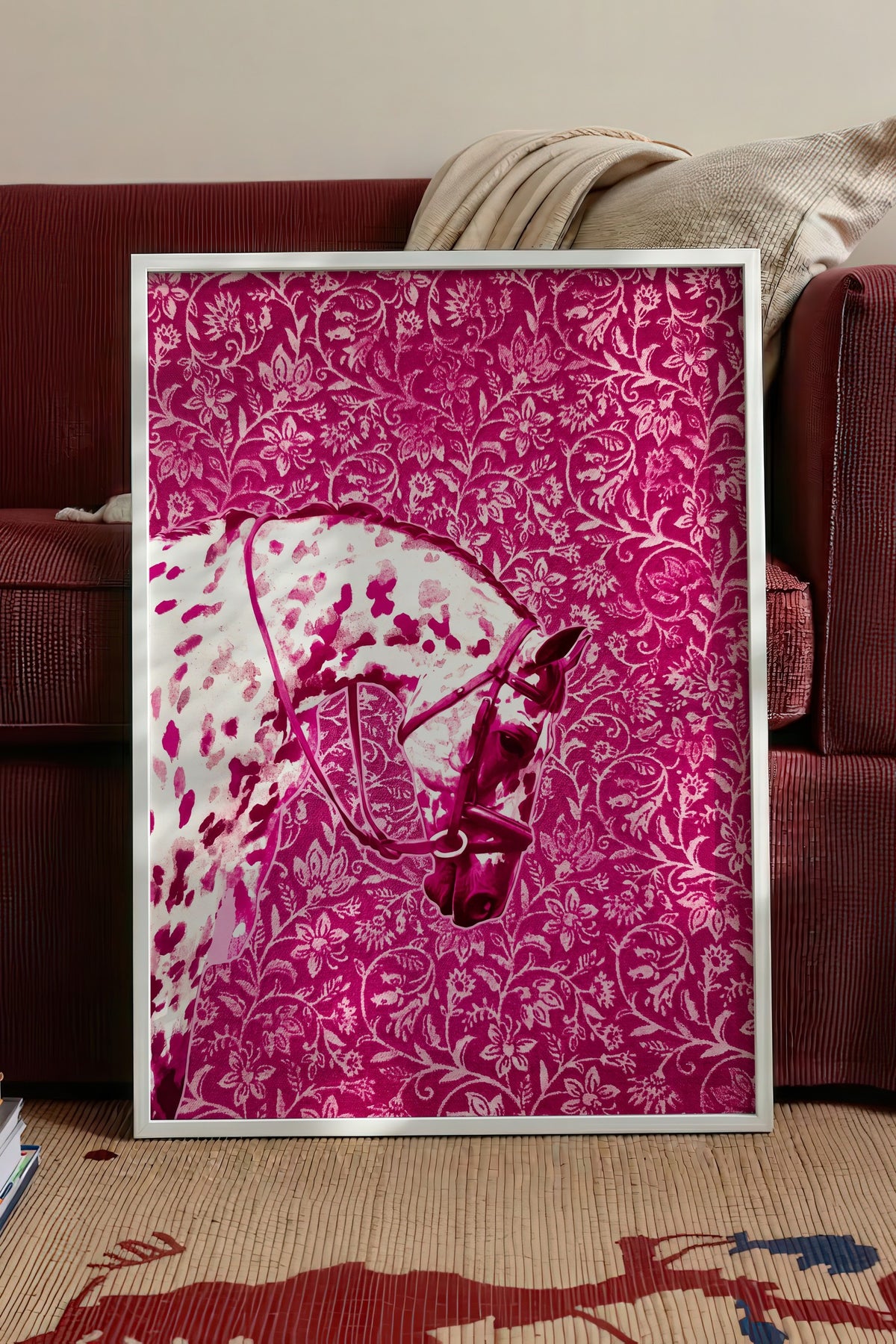 Çiçek Desenli At Poster – Beyaz Çerçeveli Tablo