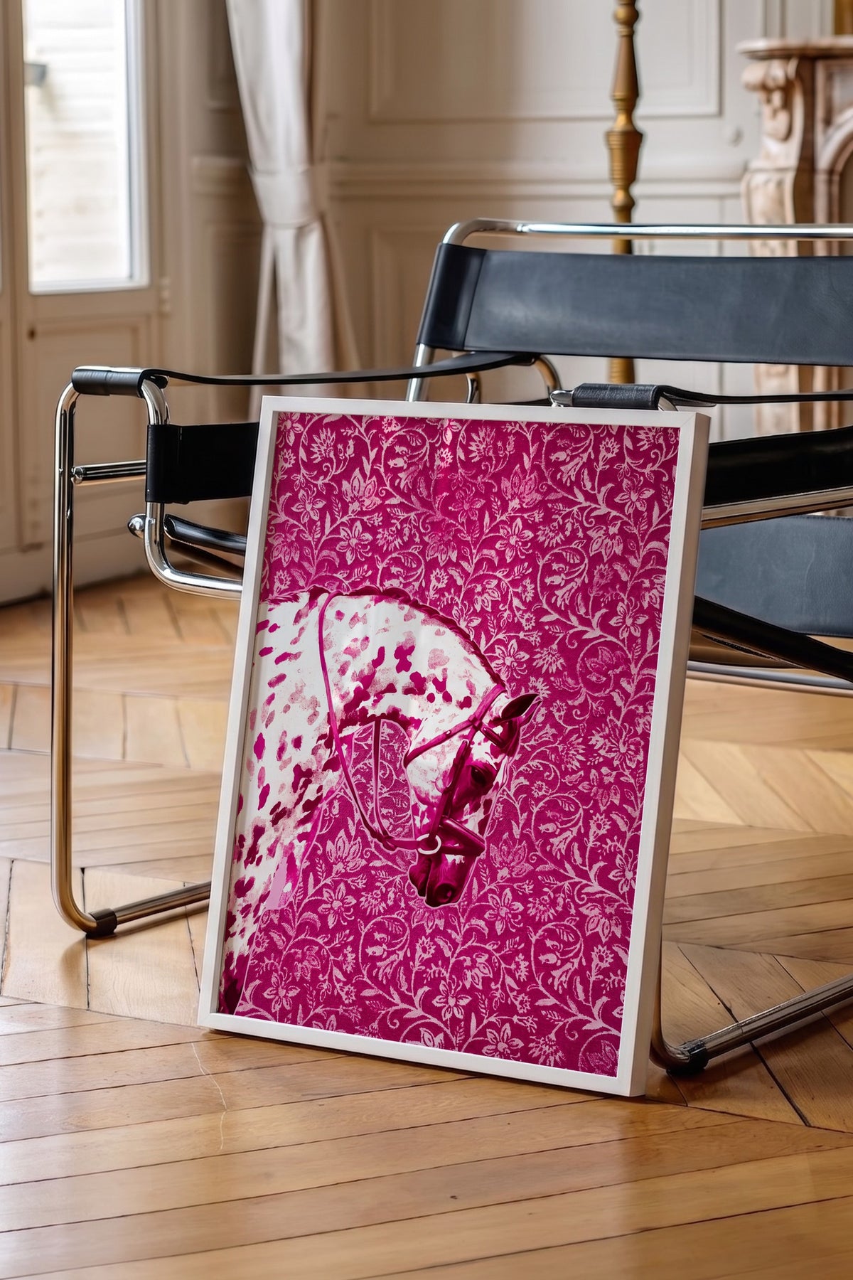 Çiçek Desenli At Poster – Beyaz Çerçeveli Tablo