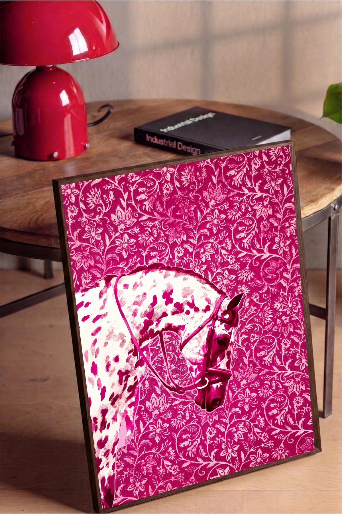 Çiçek Desenli At Poster – Kahverengi Çerçeveli Tablo