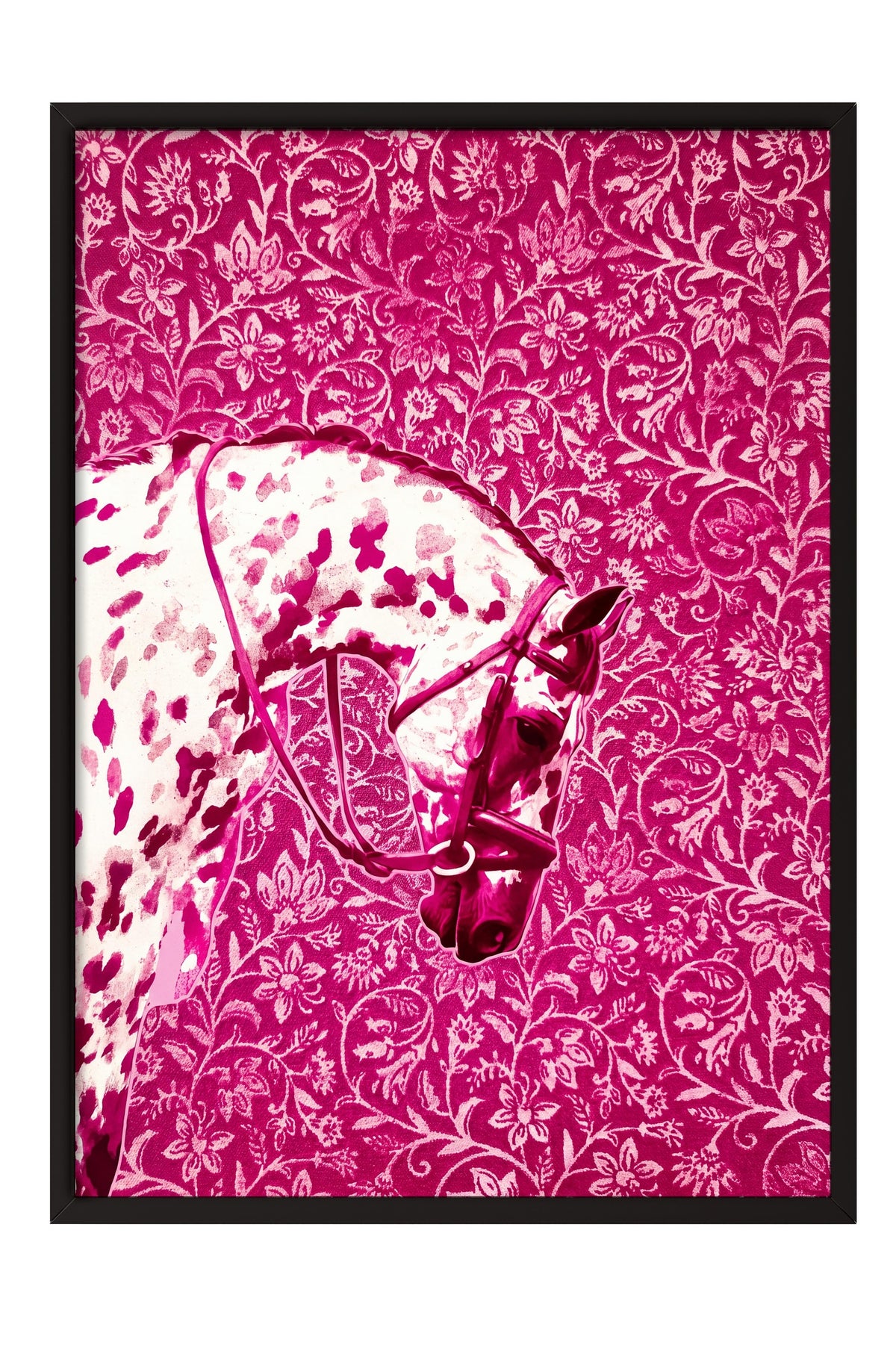 Çiçek Desenli At Poster – Siyah Çerçeveli Tablo