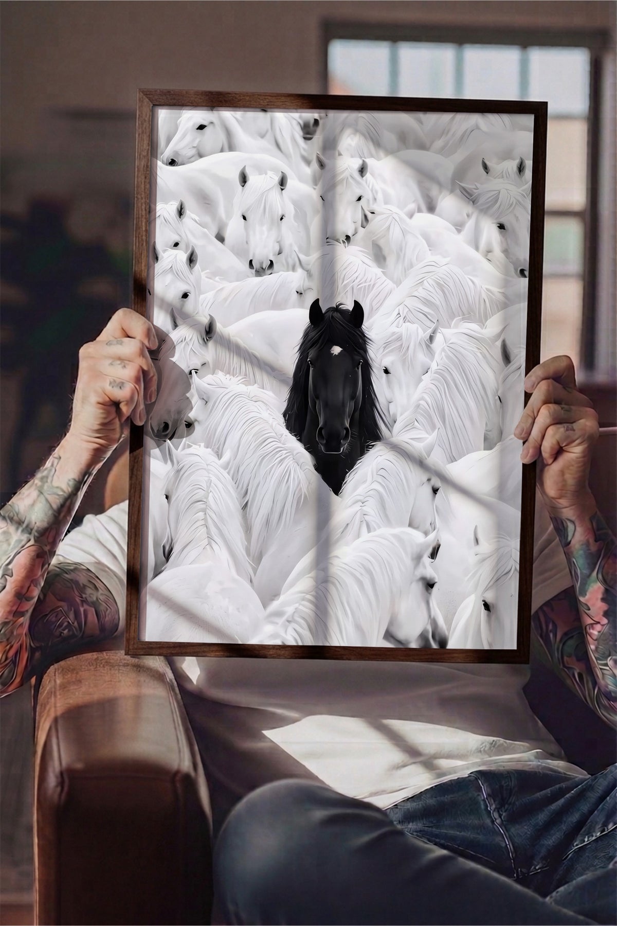 Kalabalık İçinde Tek Renk Poster – Kahverengi Çerçeveli Tablo