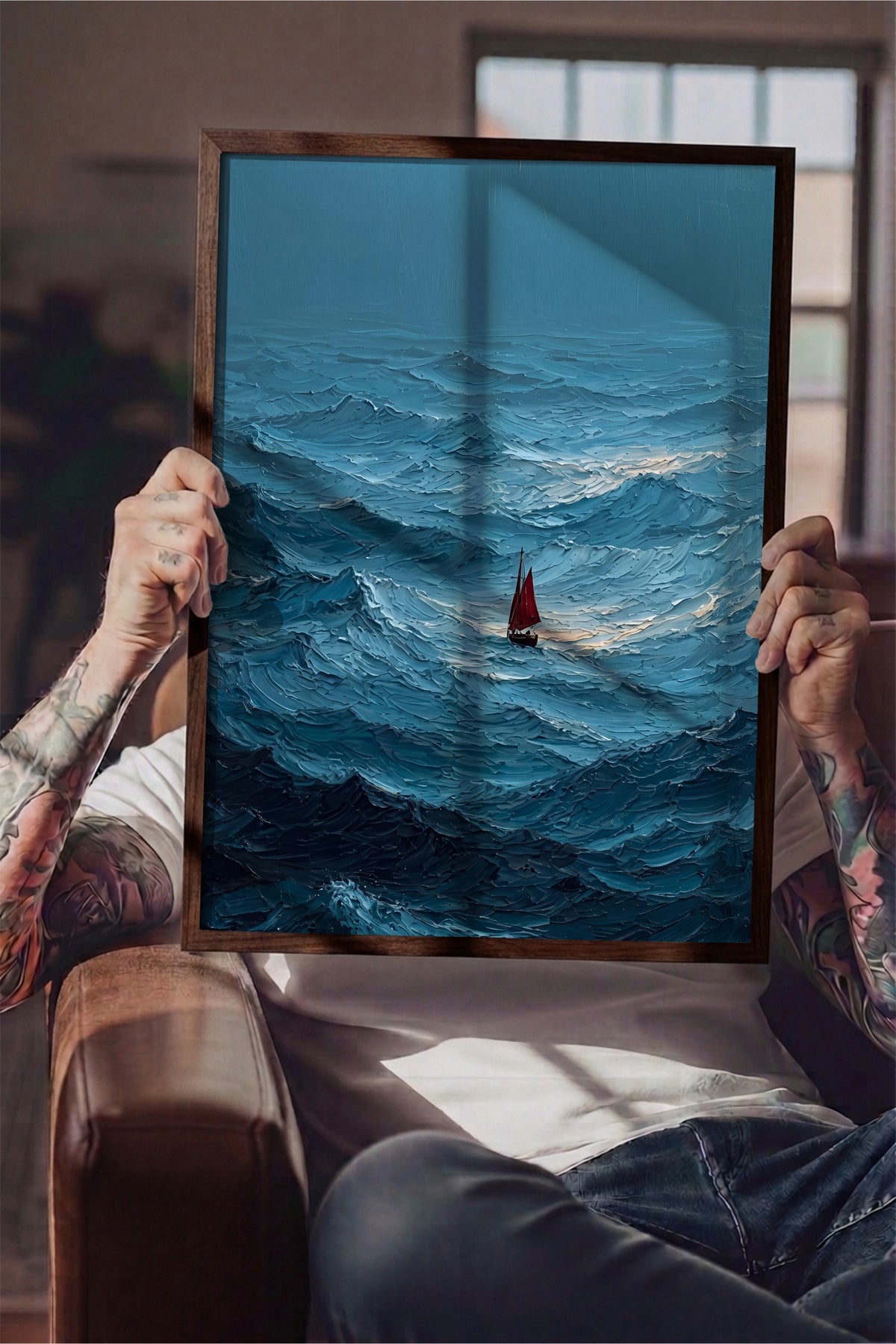 Fırtınalı Denizde Yelkenli Poster – Kahverengi Çerçeveli Tablo