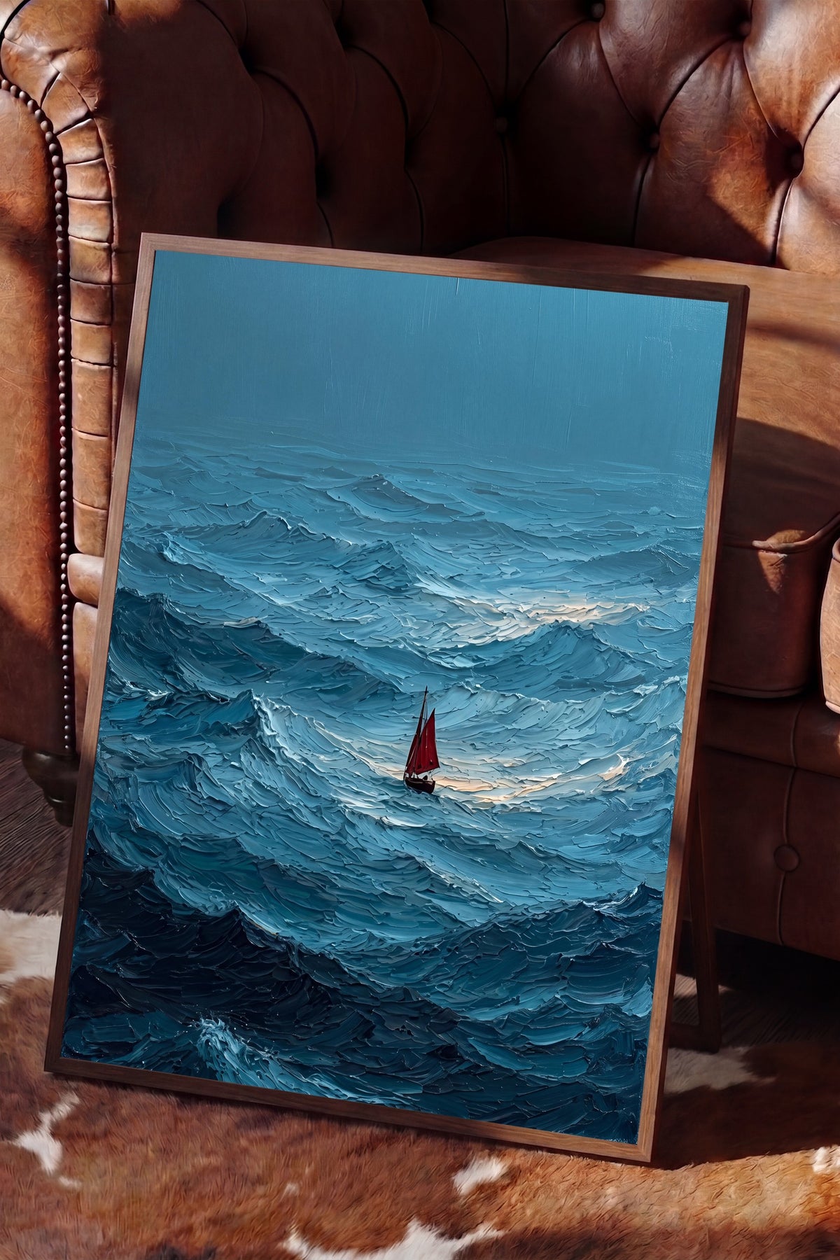 Fırtınalı Denizde Yelkenli Poster – Kahverengi Çerçeveli Tablo
