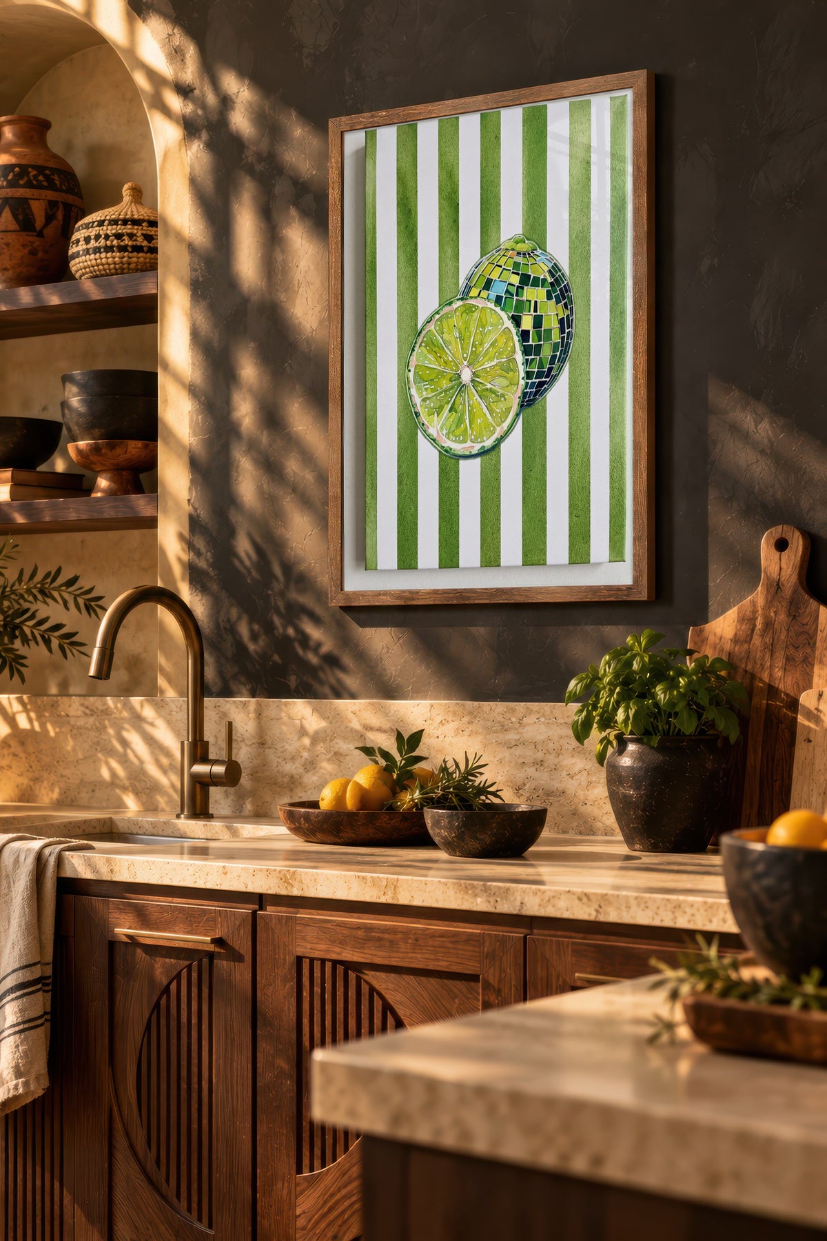 Yeşil Limon Deseni Poster – Kahverengi Çerçeveli Tablo