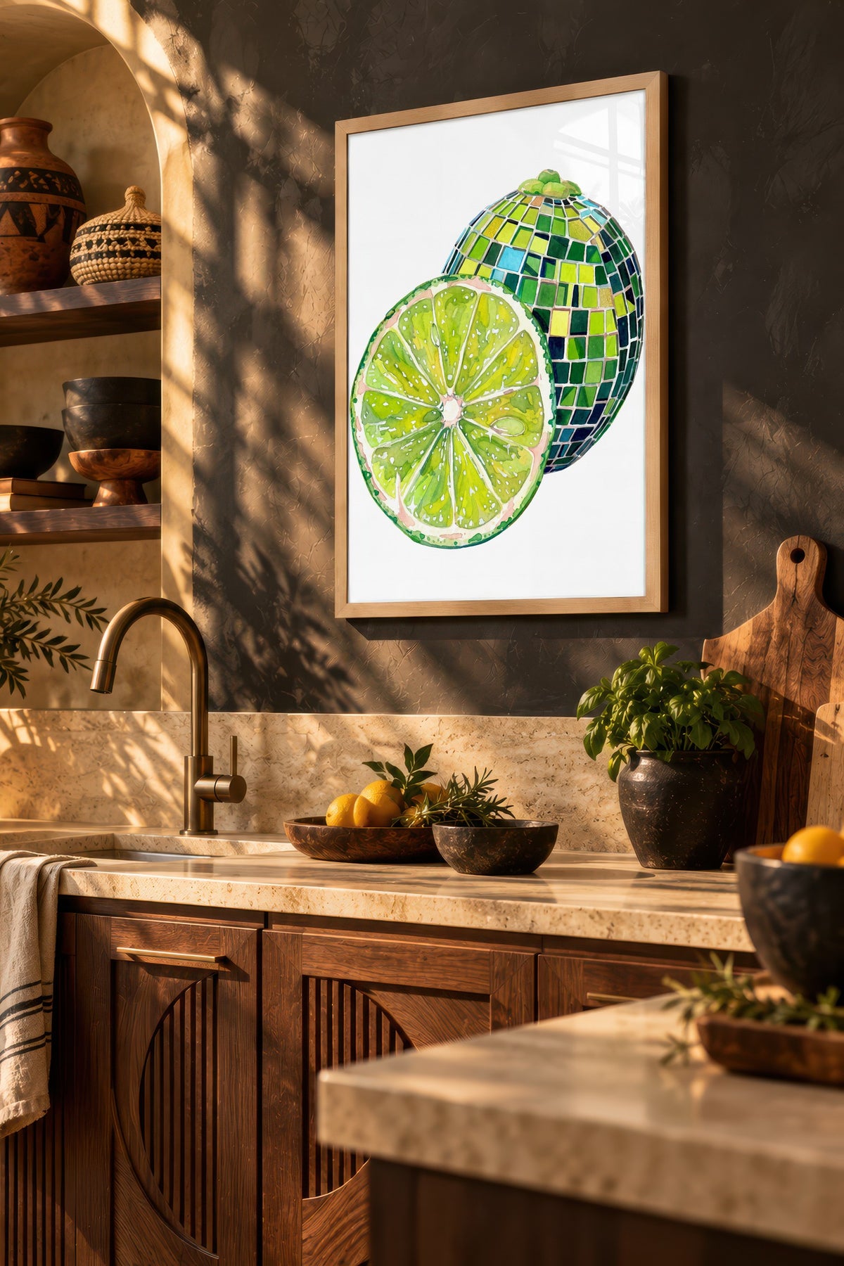 Mozaik Desenli Kesilmiş Yeşil Limon Poster – Ahşap Çerçeveli Tablo