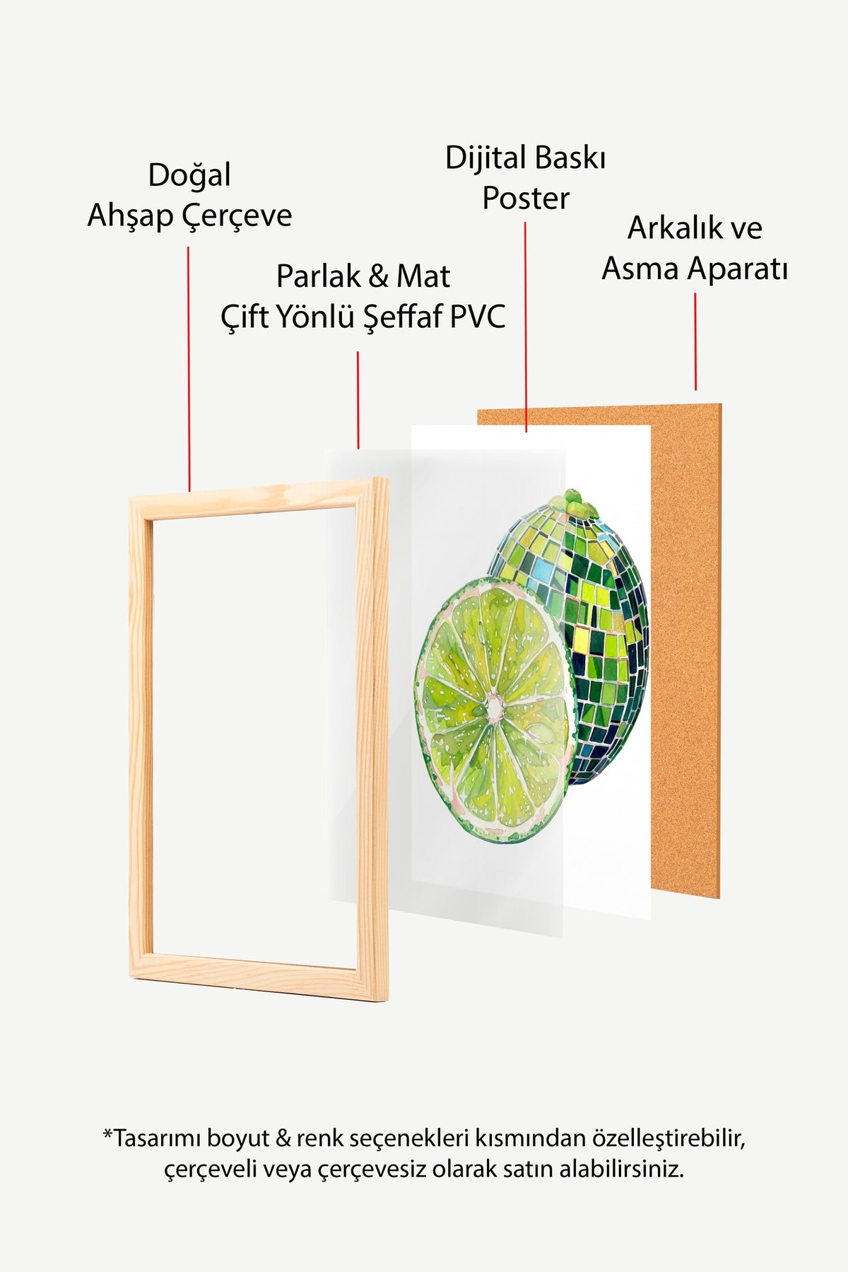 Mozaik Desenli Kesilmiş Yeşil Limon Poster – Ahşap Çerçeveli Tablo