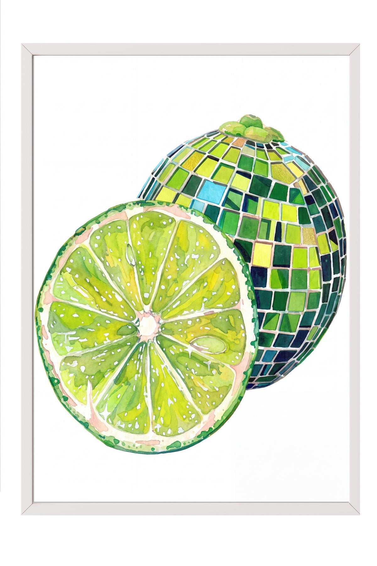 Mozaik Desenli Kesilmiş Yeşil Limon Poster – Beyaz Çerçeveli Tablo
