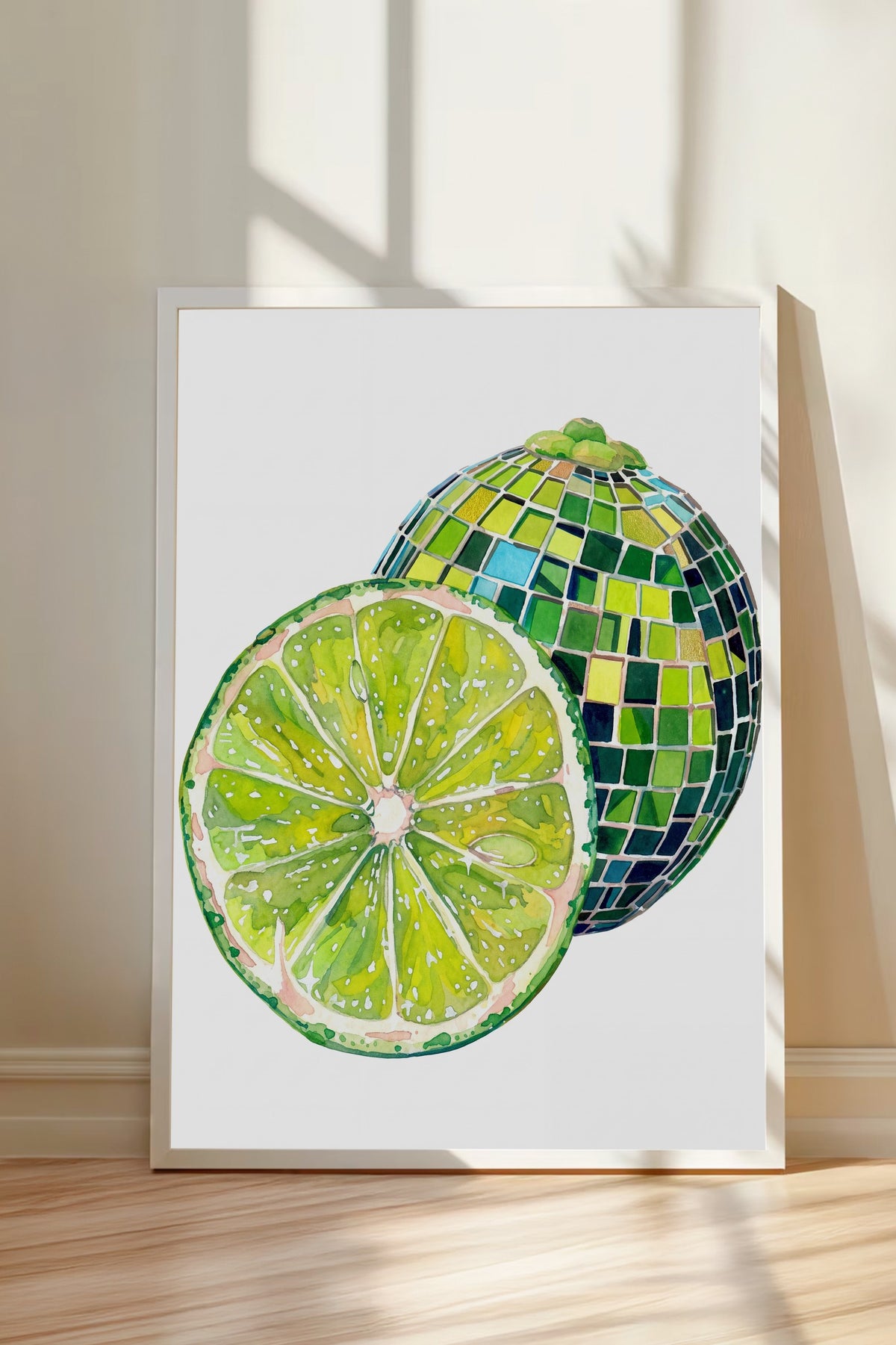 Mozaik Desenli Kesilmiş Yeşil Limon Poster – Beyaz Çerçeveli Tablo