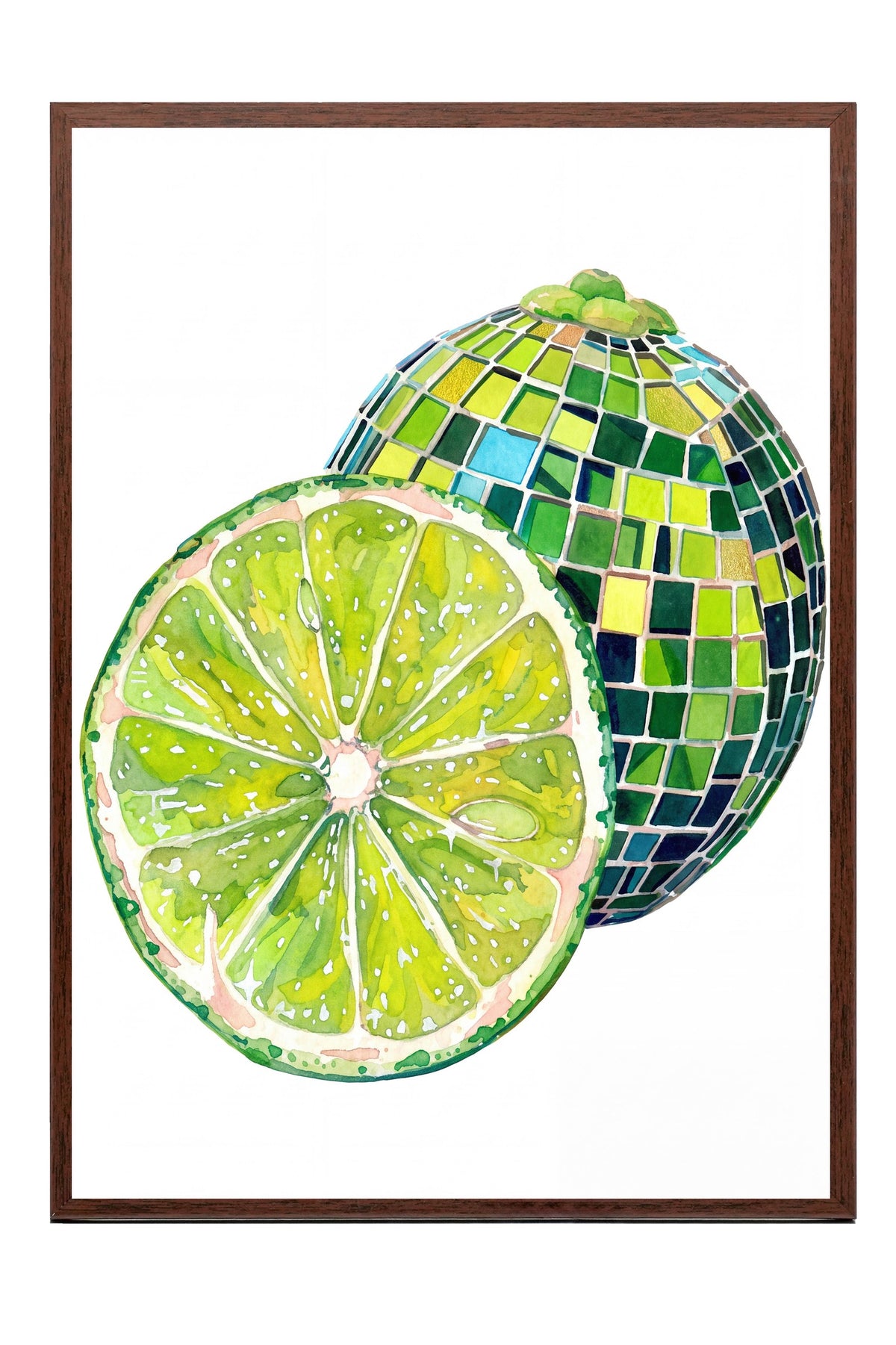 Mozaik Desenli Kesilmiş Yeşil Limon Poster – Kahverengi Çerçeveli Tablo