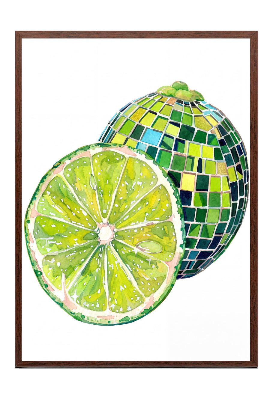 Mozaik Desenli Kesilmiş Yeşil Limon Poster – Kahverengi Çerçeveli Tablo