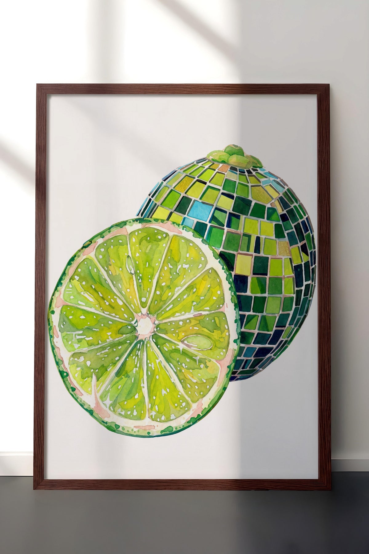Mozaik Desenli Kesilmiş Yeşil Limon Poster – Kahverengi Çerçeveli Tablo