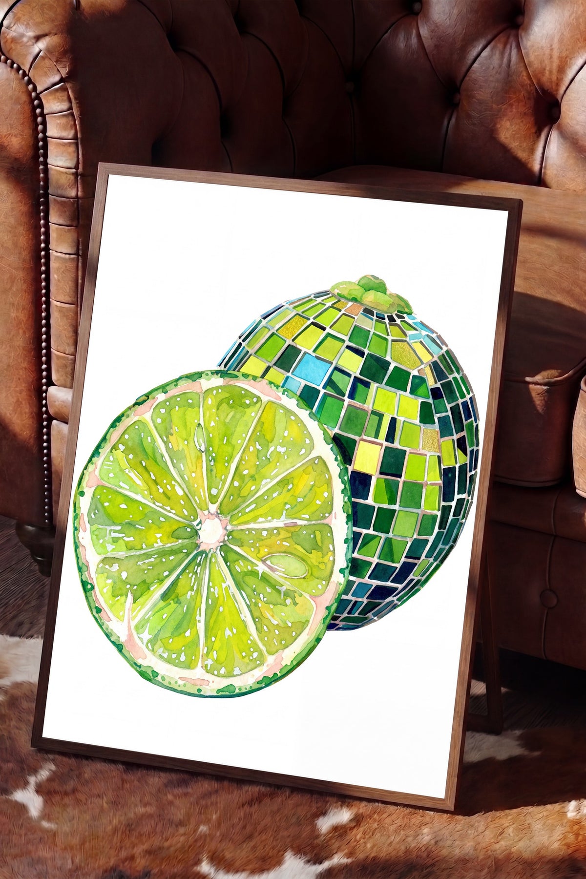 Mozaik Desenli Kesilmiş Yeşil Limon Poster – Kahverengi Çerçeveli Tablo