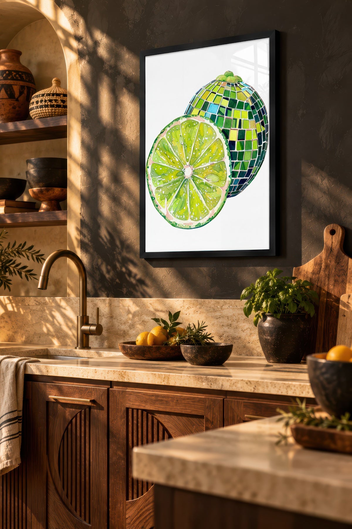 Mozaik Desenli Kesilmiş Yeşil Limon Poster – Siyah Çerçeveli Tablo