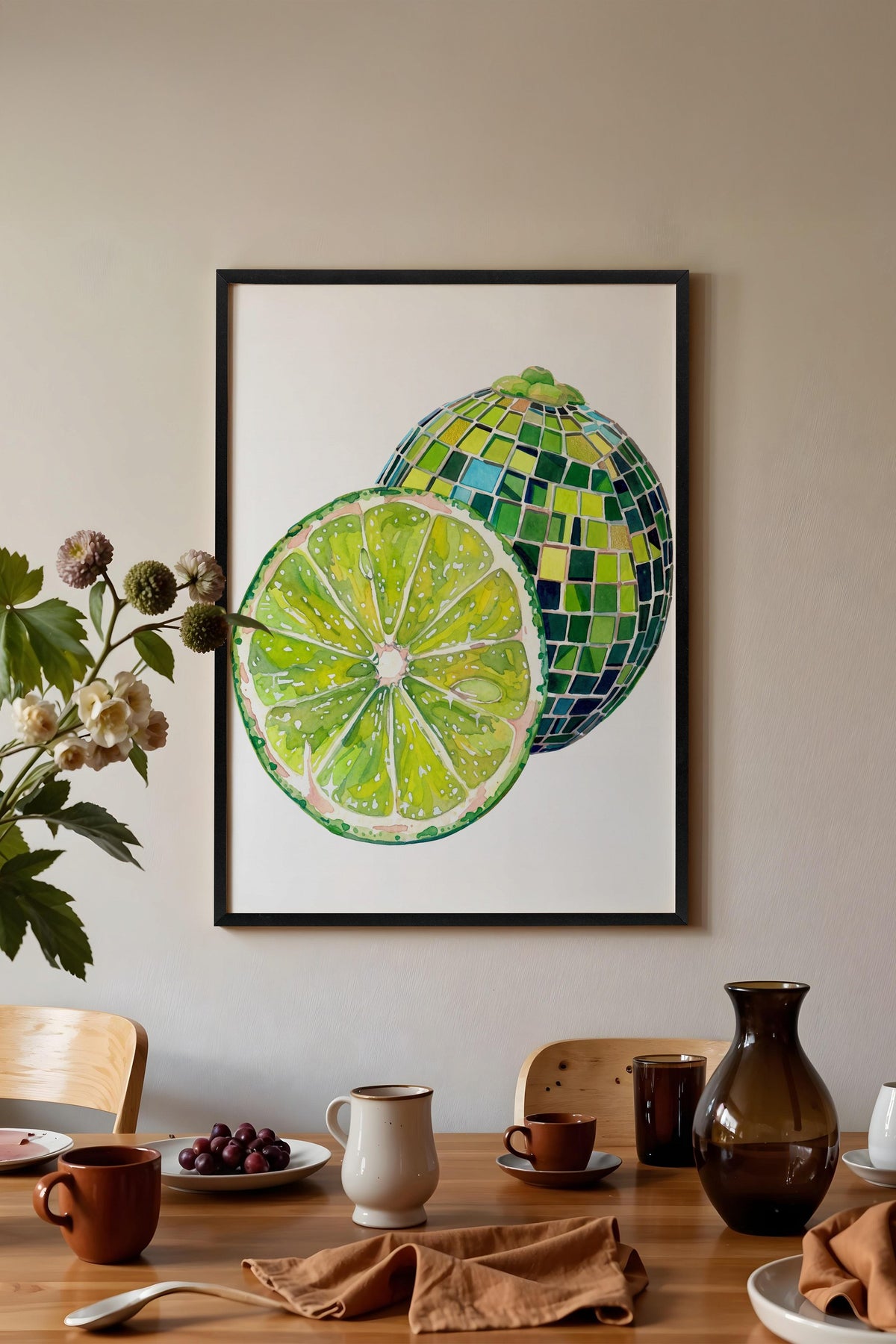 Mozaik Desenli Kesilmiş Yeşil Limon Poster – Siyah Çerçeveli Tablo
