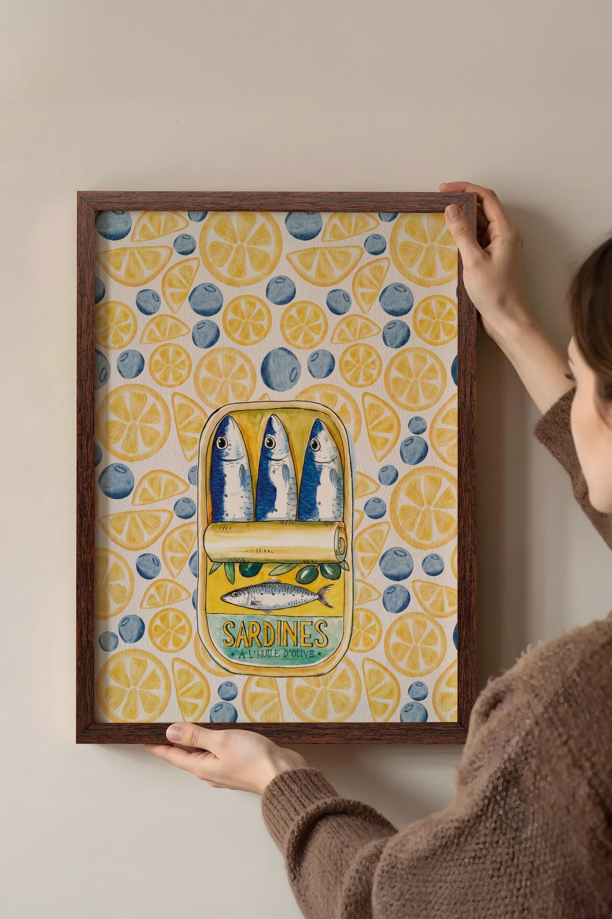 Sardalya Desenli İllüstrasyon Poster – Kahverengi Çerçeveli Tablo
